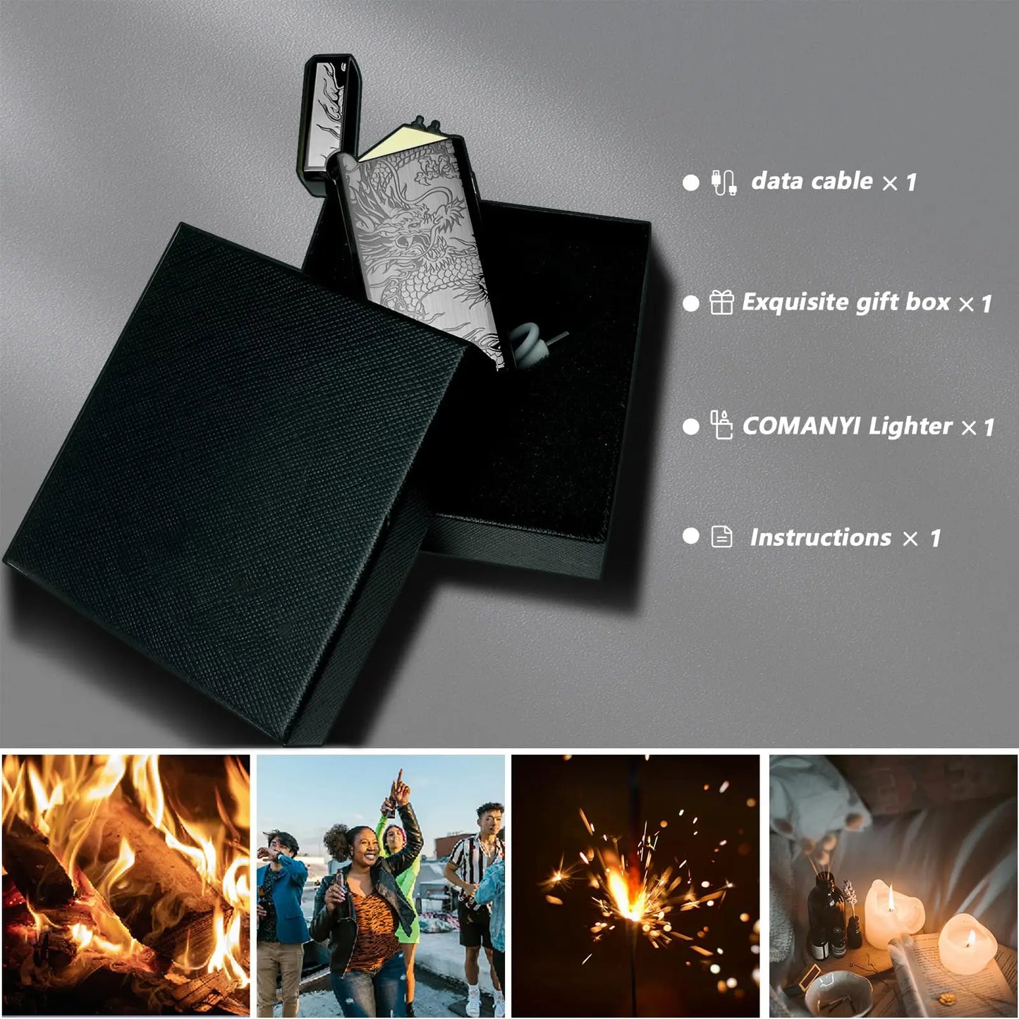 Dragon Engraved Outdoor Lighter With 500mAh Battery Type C