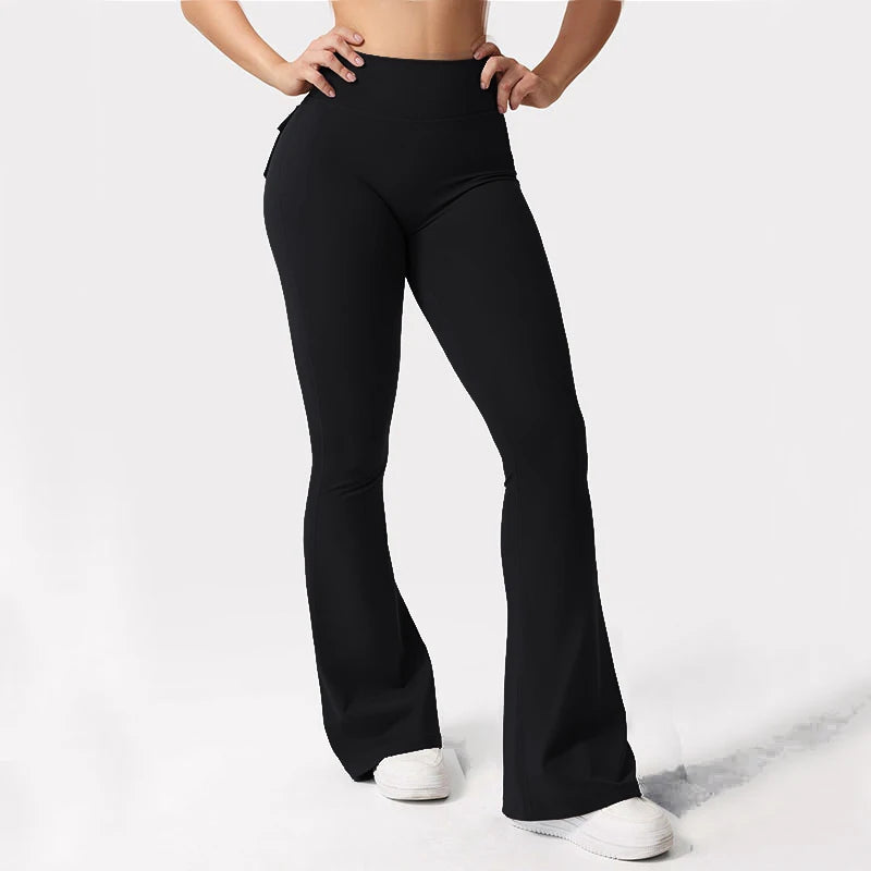 Womens Yoga Flare Trousers High Waist Tummy Control Pockets