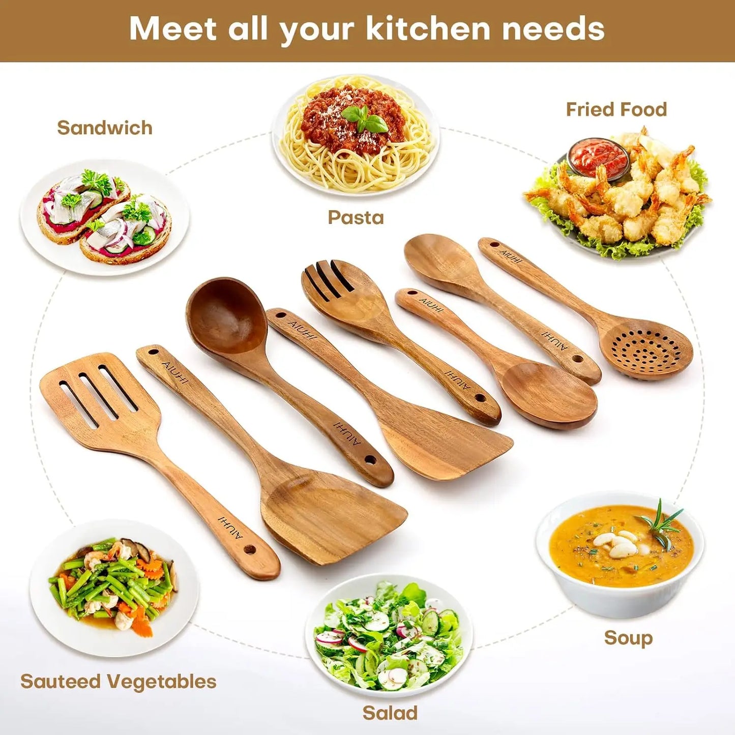Natural Teak Wood Spoons 8 Pack Nonstick Kitchen Utensils