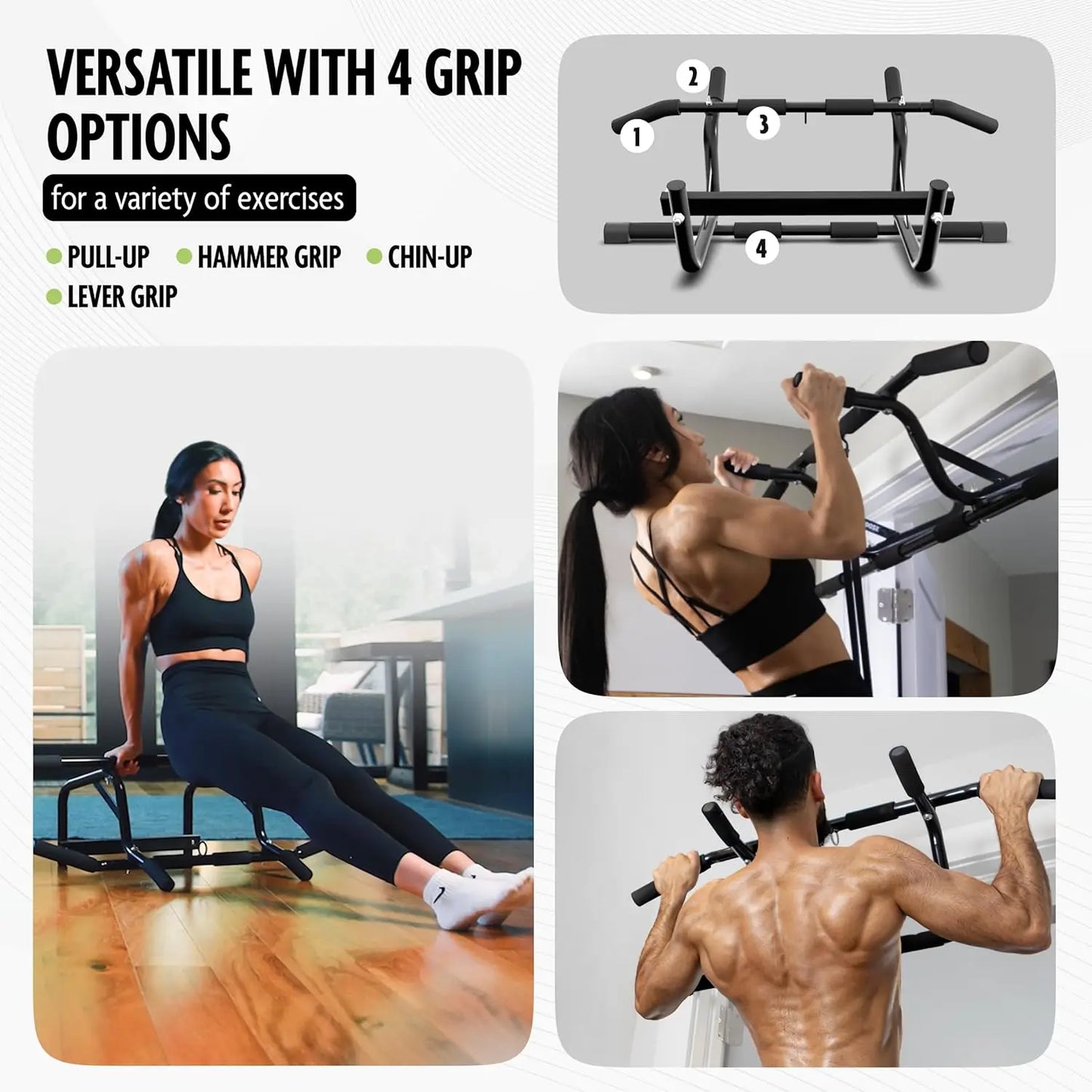 Doorway Pull Up Bar, No Screws Or Slipping, Multi Grip