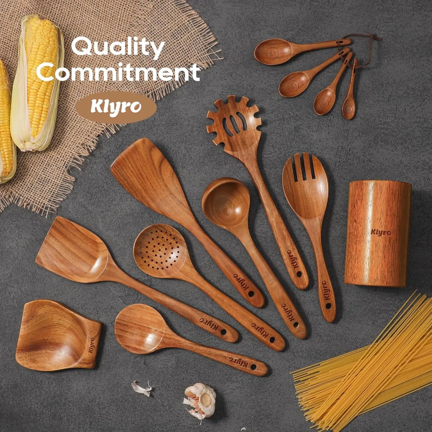 Teak Wooden Kitchen Utensils Set With Spatula And Measuring Spoons