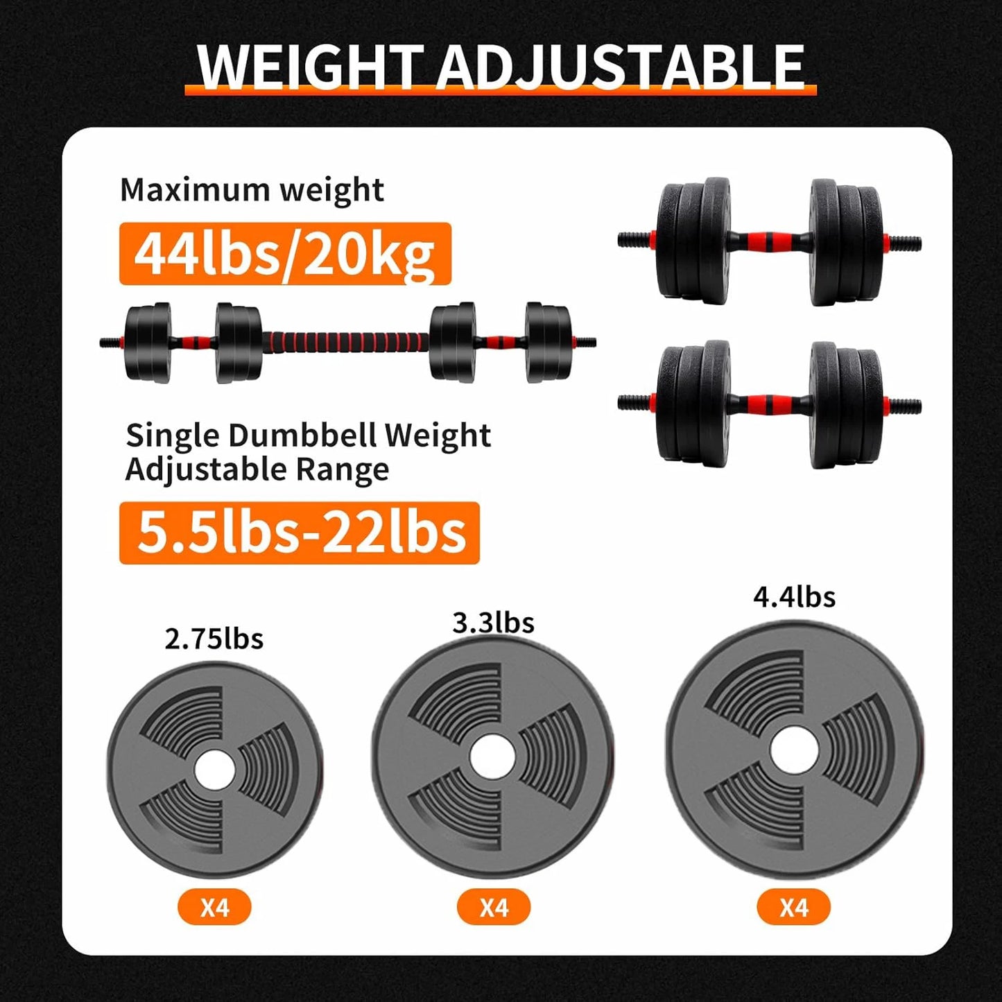 5-44 Lbs Adjustable Dumbbell Barbell Set With Anti-Slip Grip