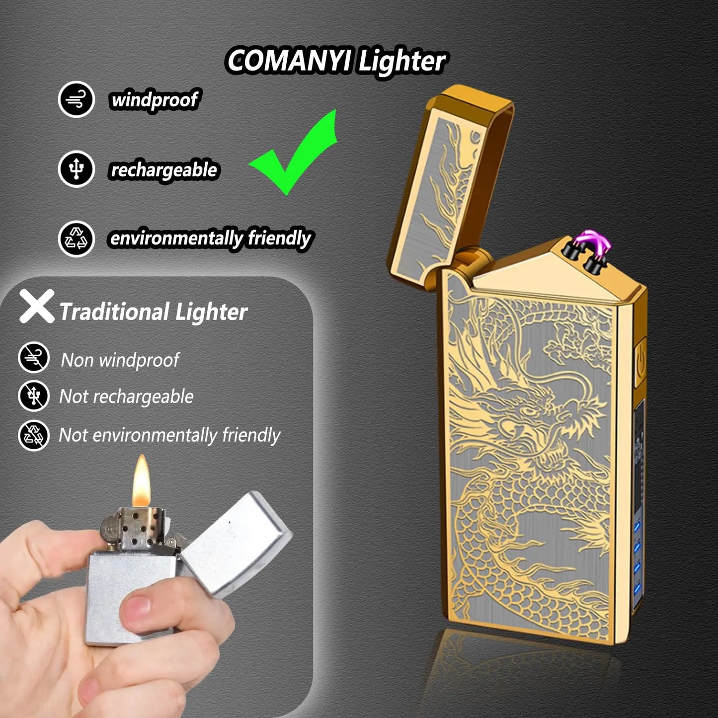 Dragon Engraved Outdoor Lighter With 500mAh Battery Type C