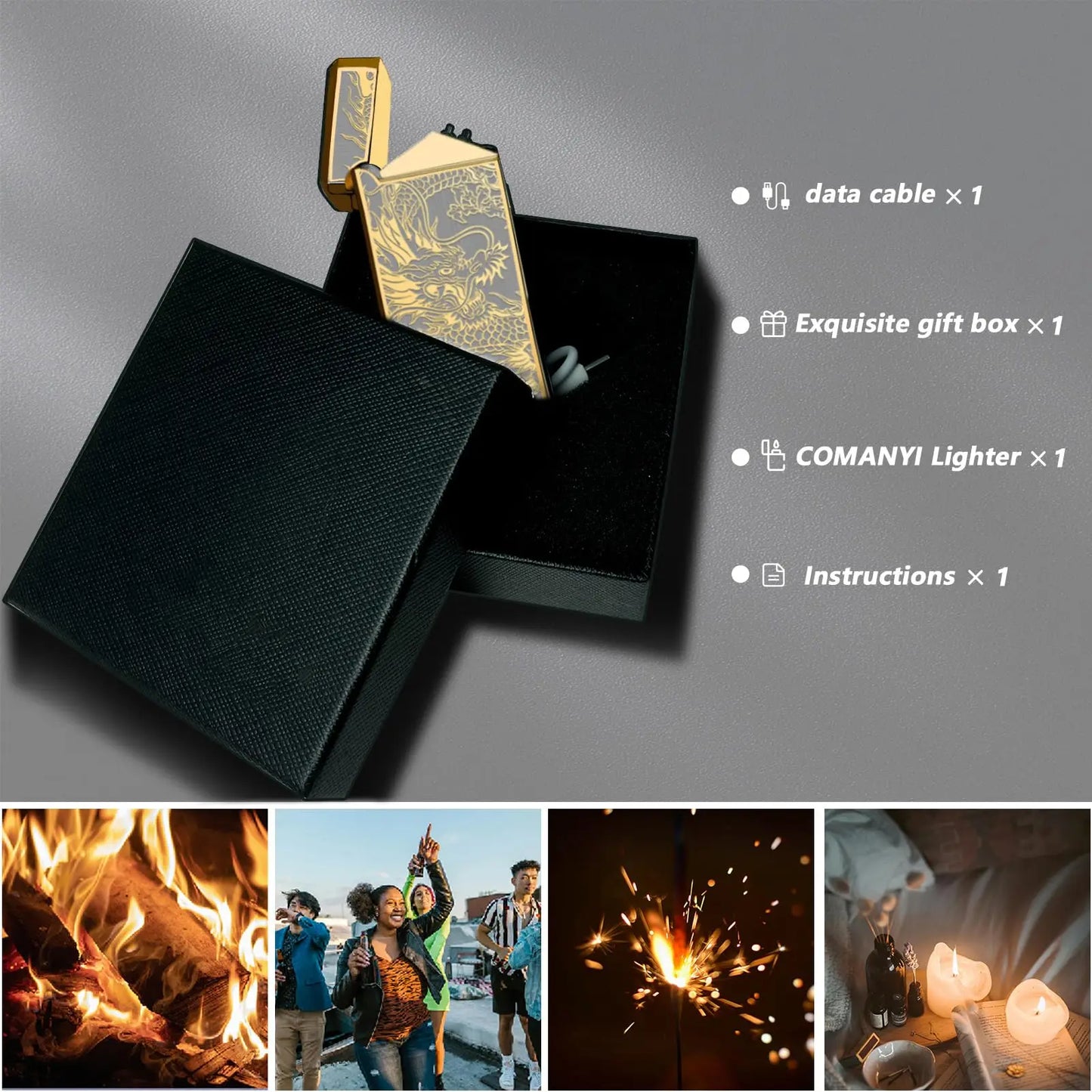 Dragon Engraved Outdoor Lighter With 500mAh Battery Type C