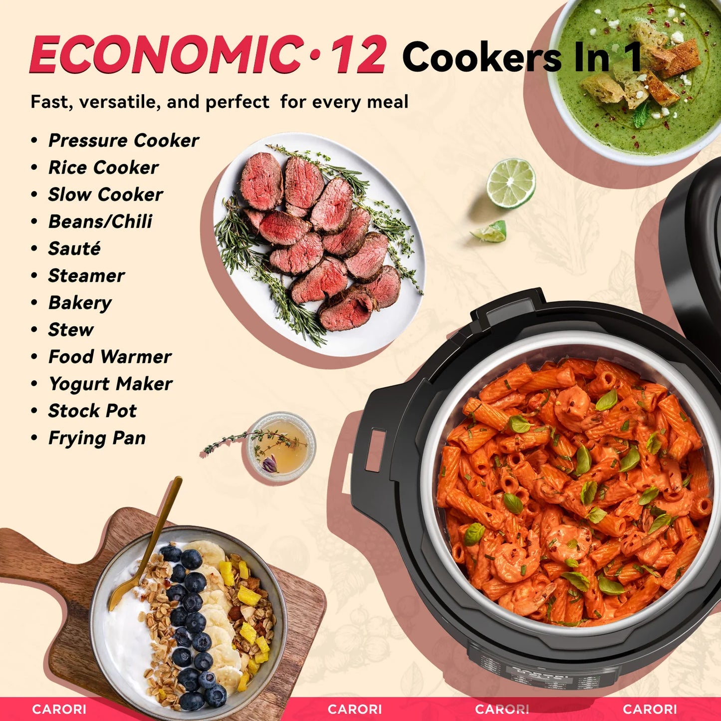 Carori 1200W 12 In 1 Electric Pressure Cooker Slow Cooker
