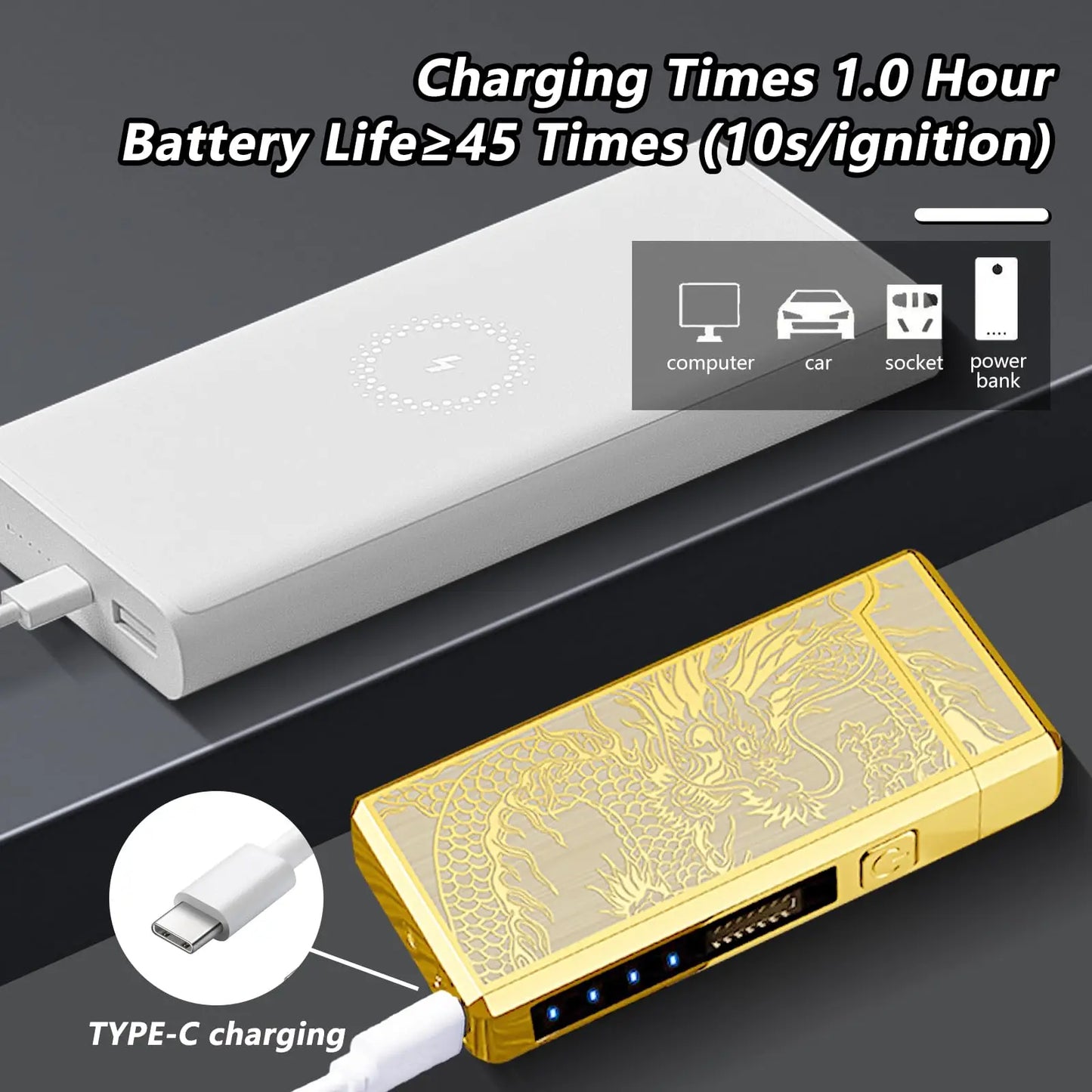 Dragon Engraved Outdoor Lighter With 500mAh Battery Type C