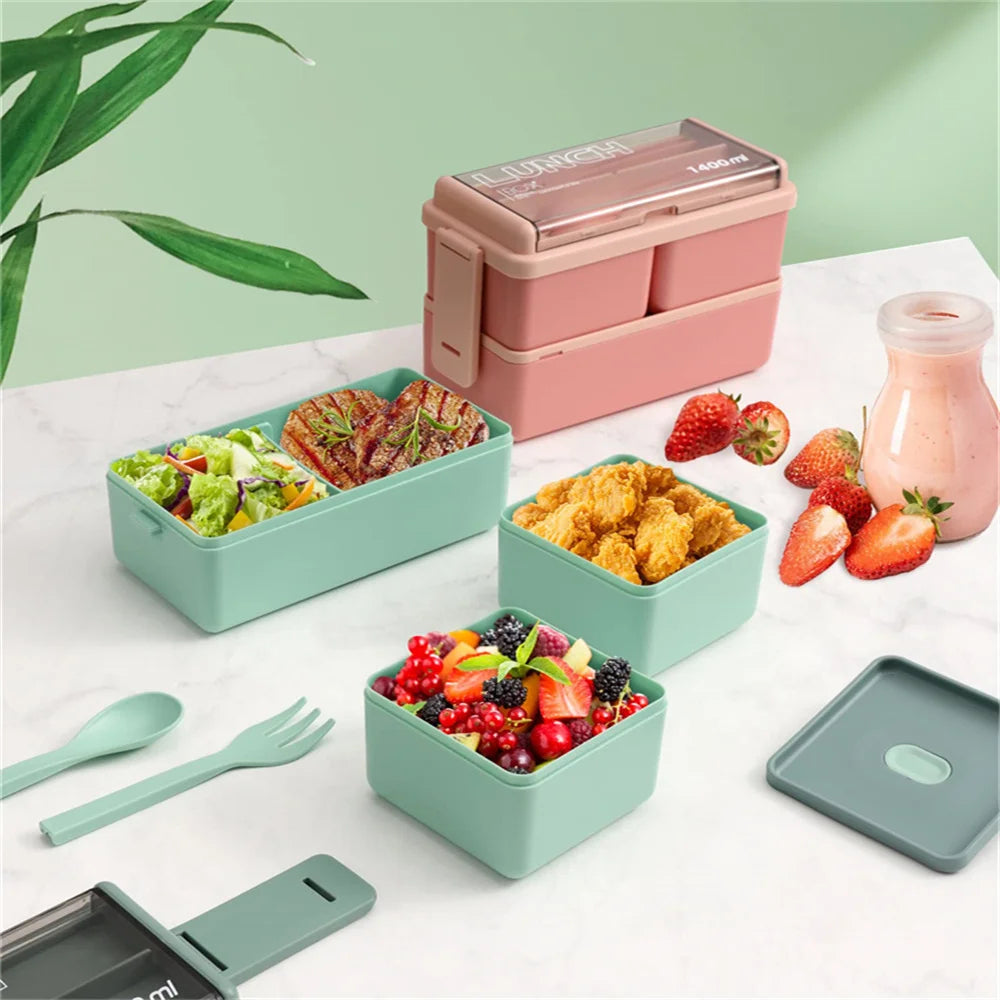 Double Layer Kids Lunch Box With Fork And Spoon Microwave