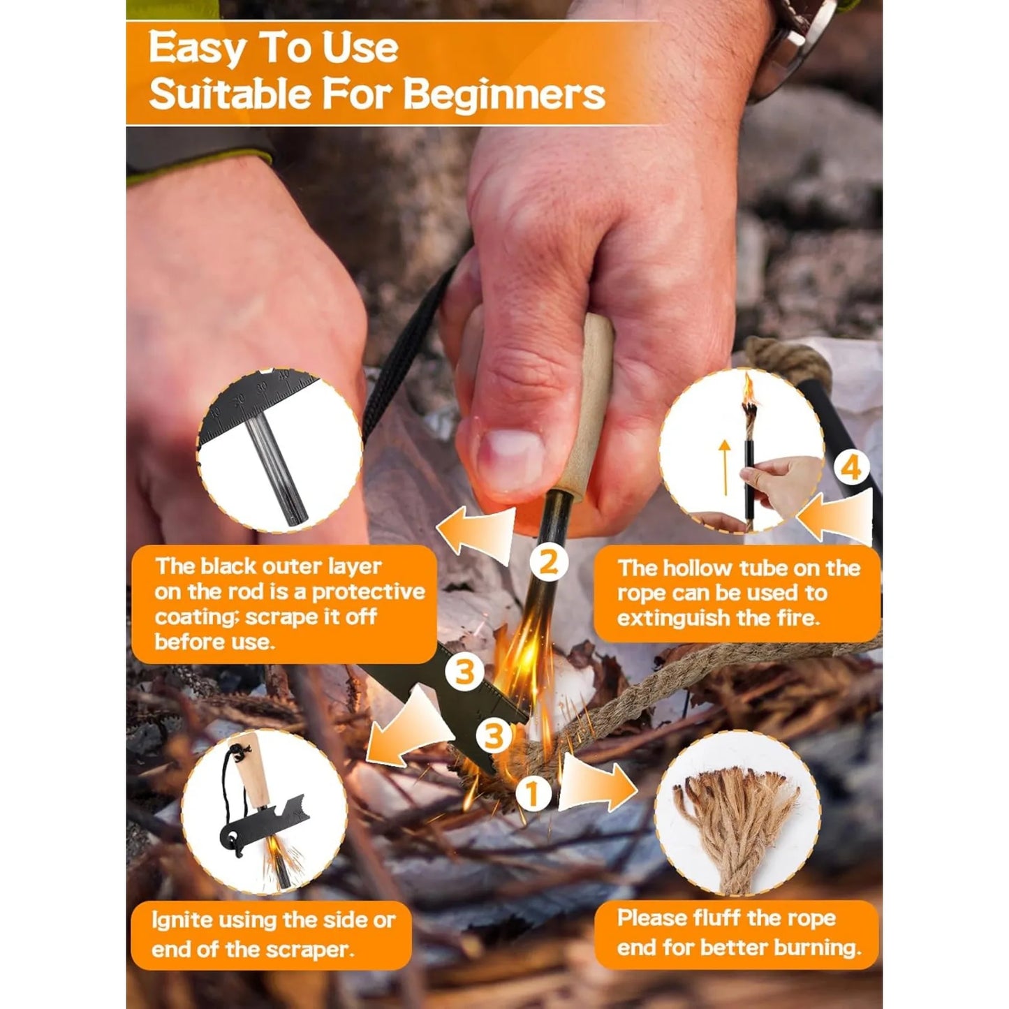 Survival Fire Starter Kit With Magnesium Rod Hemp Rope Bag