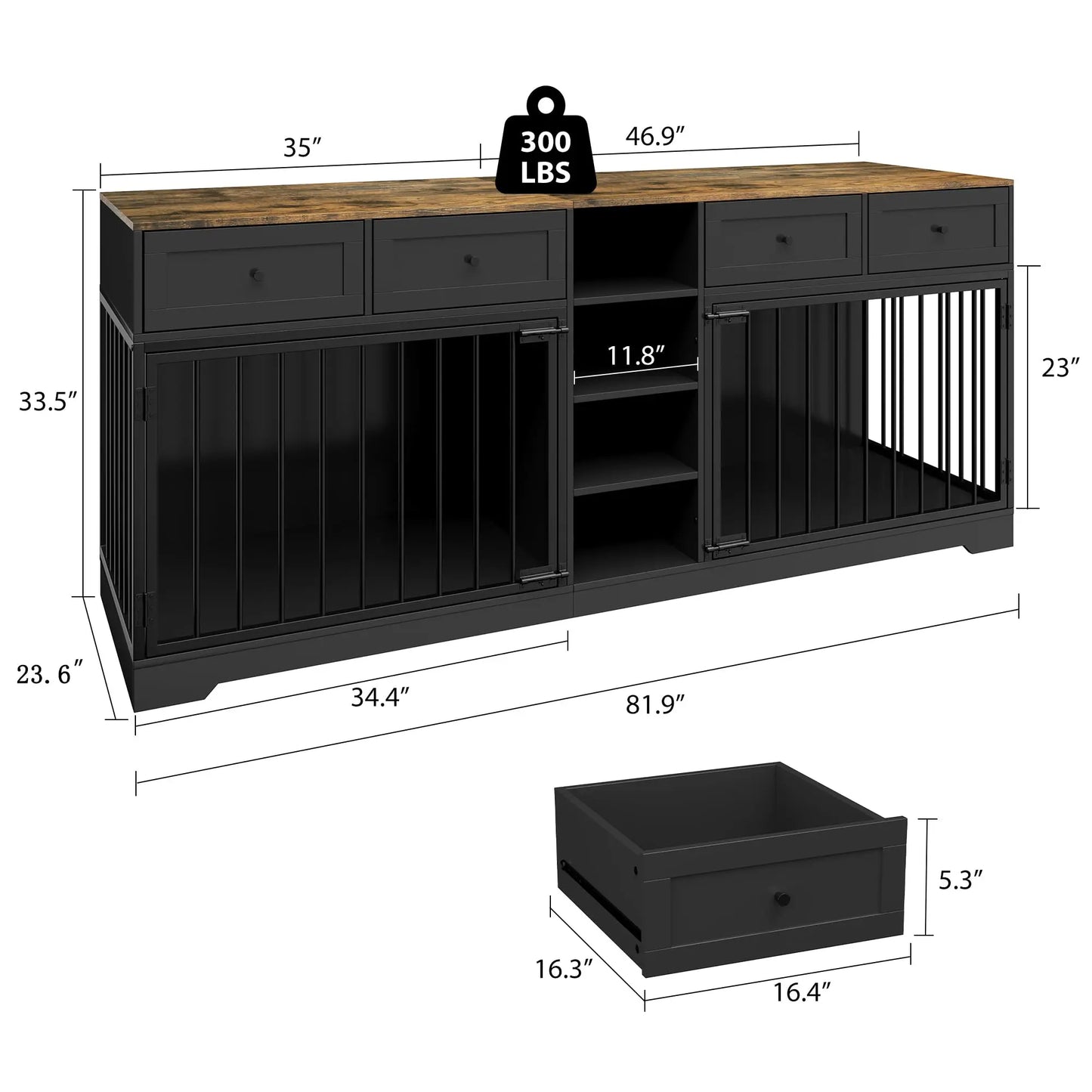 HiMISS Large Double Dog Crate Furniture TV Stand With Drawers