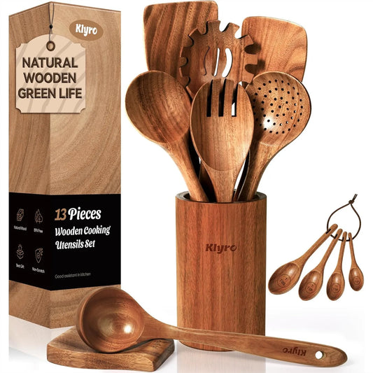 Teak Wooden Kitchen Utensils Set With Spatula And Measuring Spoons