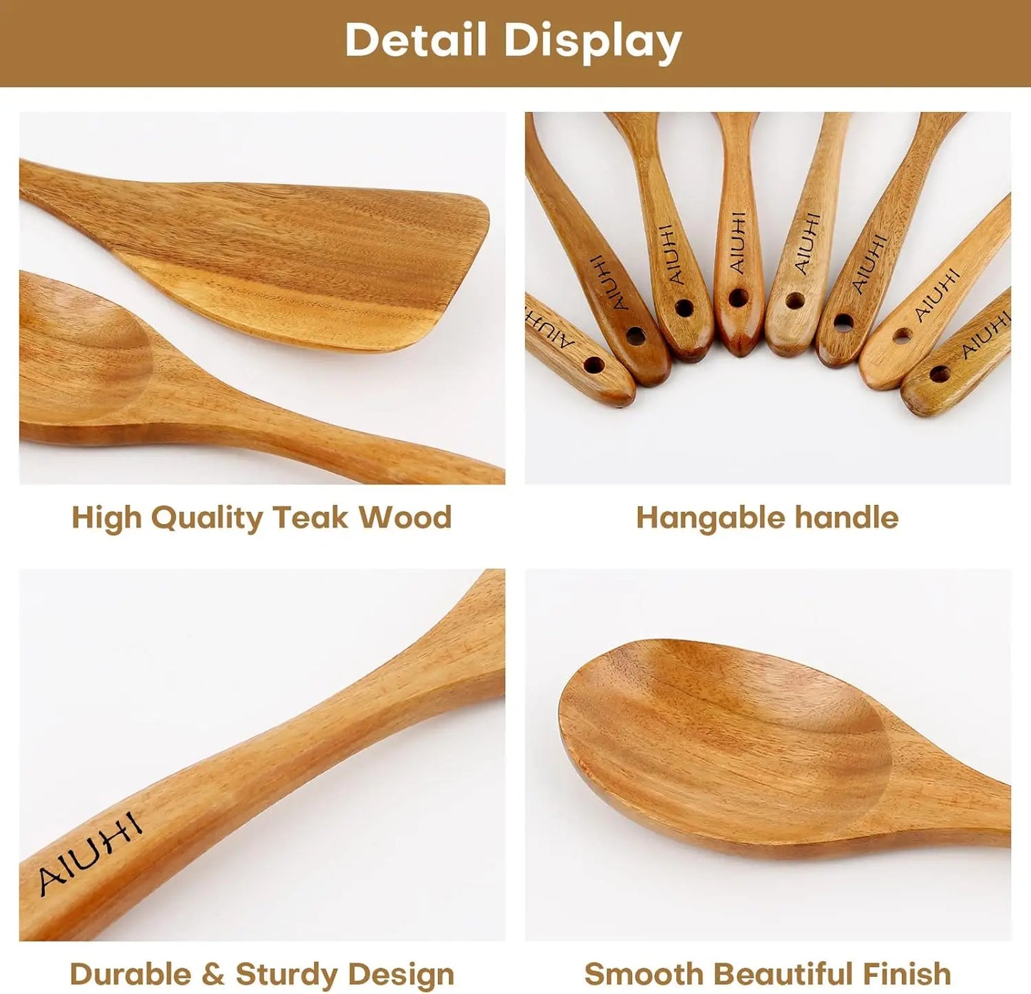 Natural Teak Wood Spoons 8 Pack Nonstick Kitchen Utensils