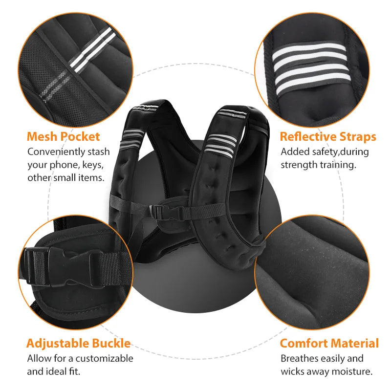 12lb Reflective Stripe Weight Vest For Workout Running Fitness Training