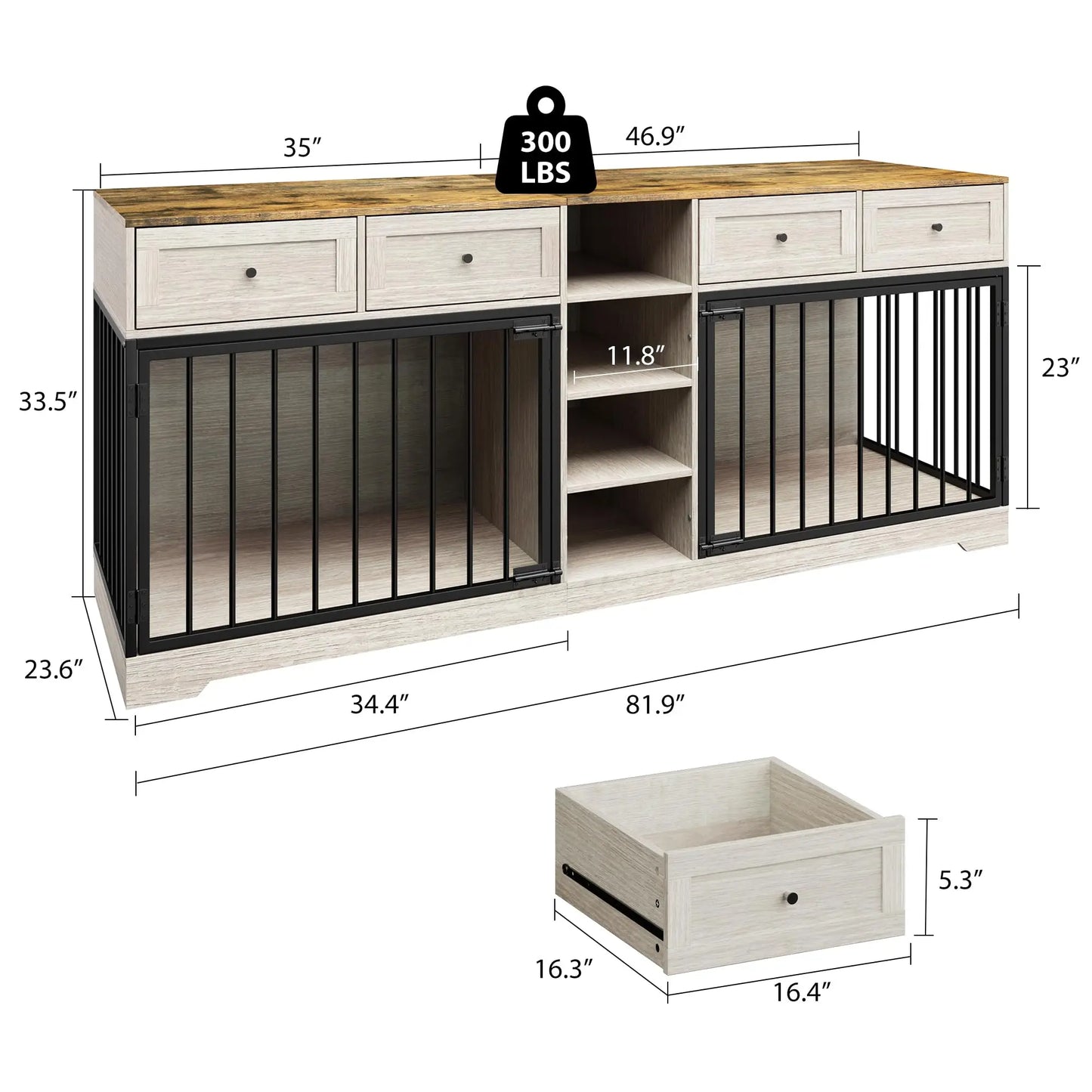 HiMISS Large Double Dog Crate Furniture TV Stand With Drawers