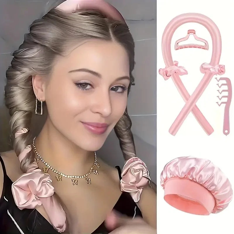 Six-Piece No-Heat Hair Curling Kit With Satin Sleep Cap