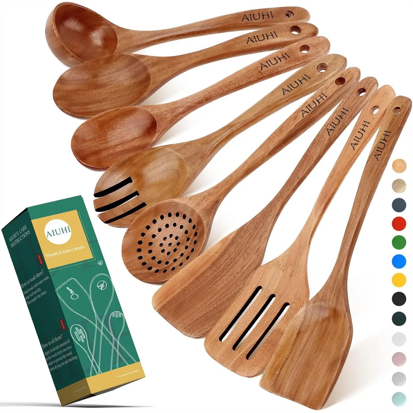 Natural Teak Wood Spoons 8 Pack Nonstick Kitchen Utensils
