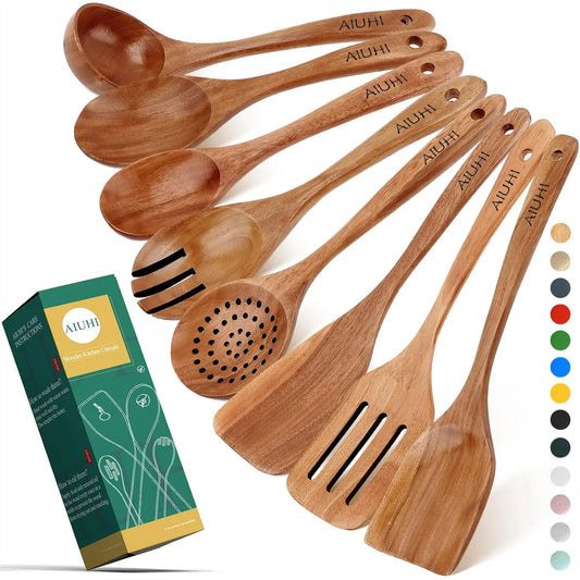 Natural Teak Wood Spoons 8 Pack Nonstick Kitchen Utensils