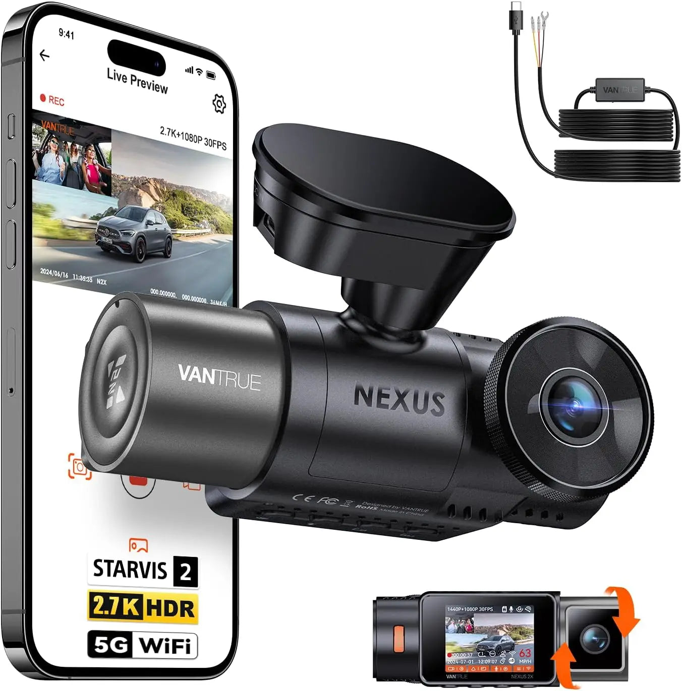 Vantrue N2X 2.7K HDR Dash Cam Front and Interior Night Vision GPS