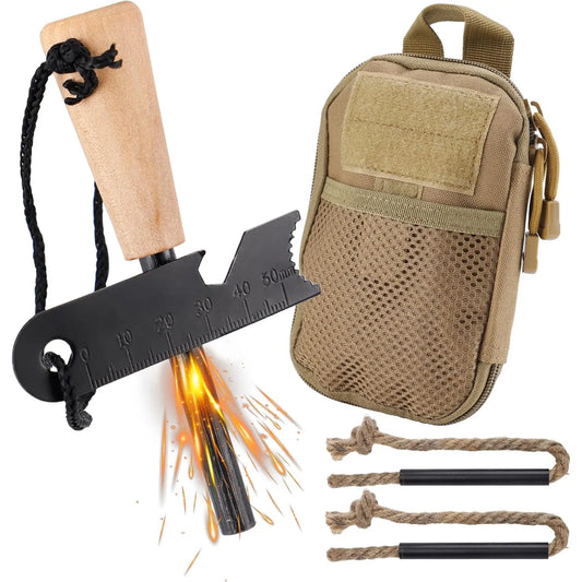 Survival Fire Starter Kit With Magnesium Rod Hemp Rope Bag