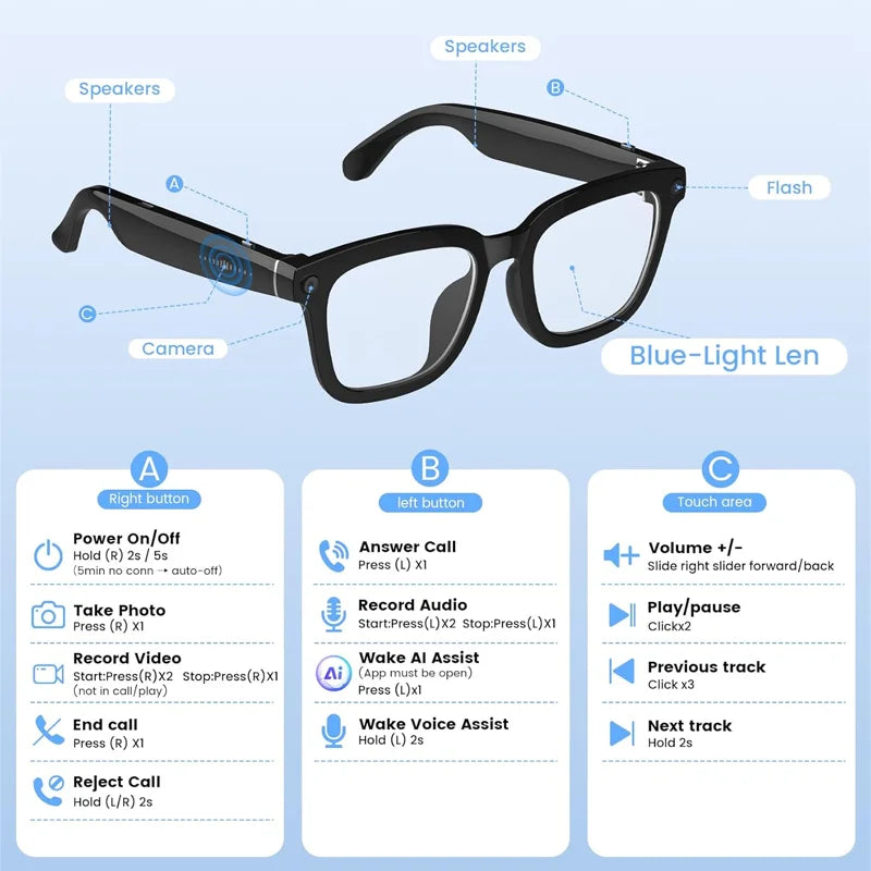 AI Smart Glasses With 4K Camera Translator Bluetooth 5.3 Sunglasses