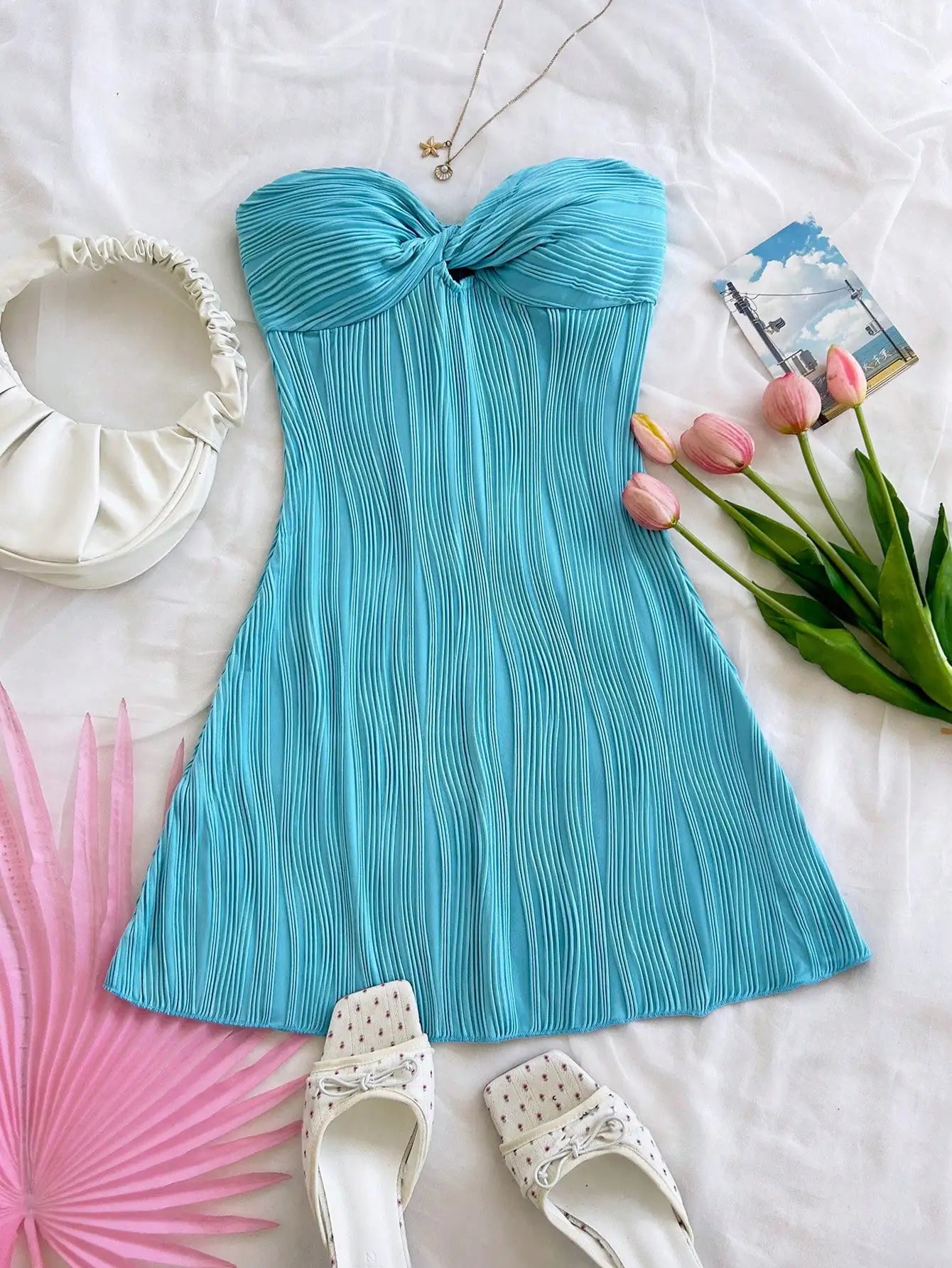 Pleated Elegant Strapless Twist Knot A-Line Mini Dress
