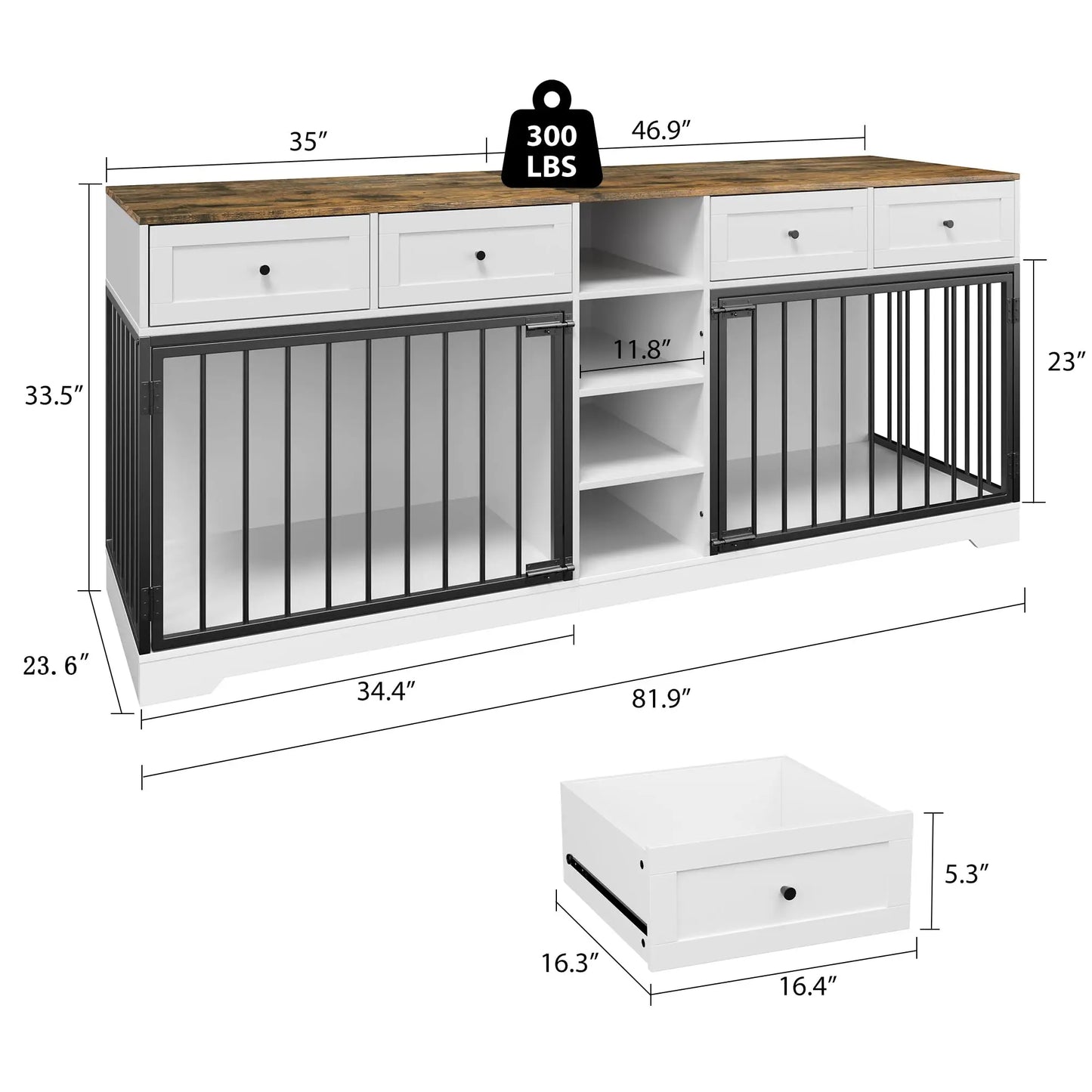HiMISS Large Double Dog Crate Furniture TV Stand With Drawers