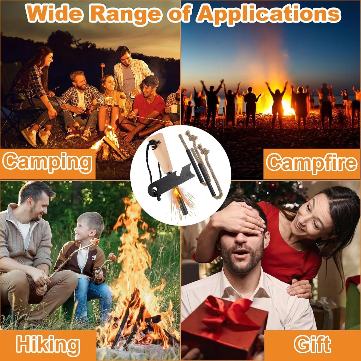 Survival Fire Starter Kit With Magnesium Rod Hemp Rope Bag