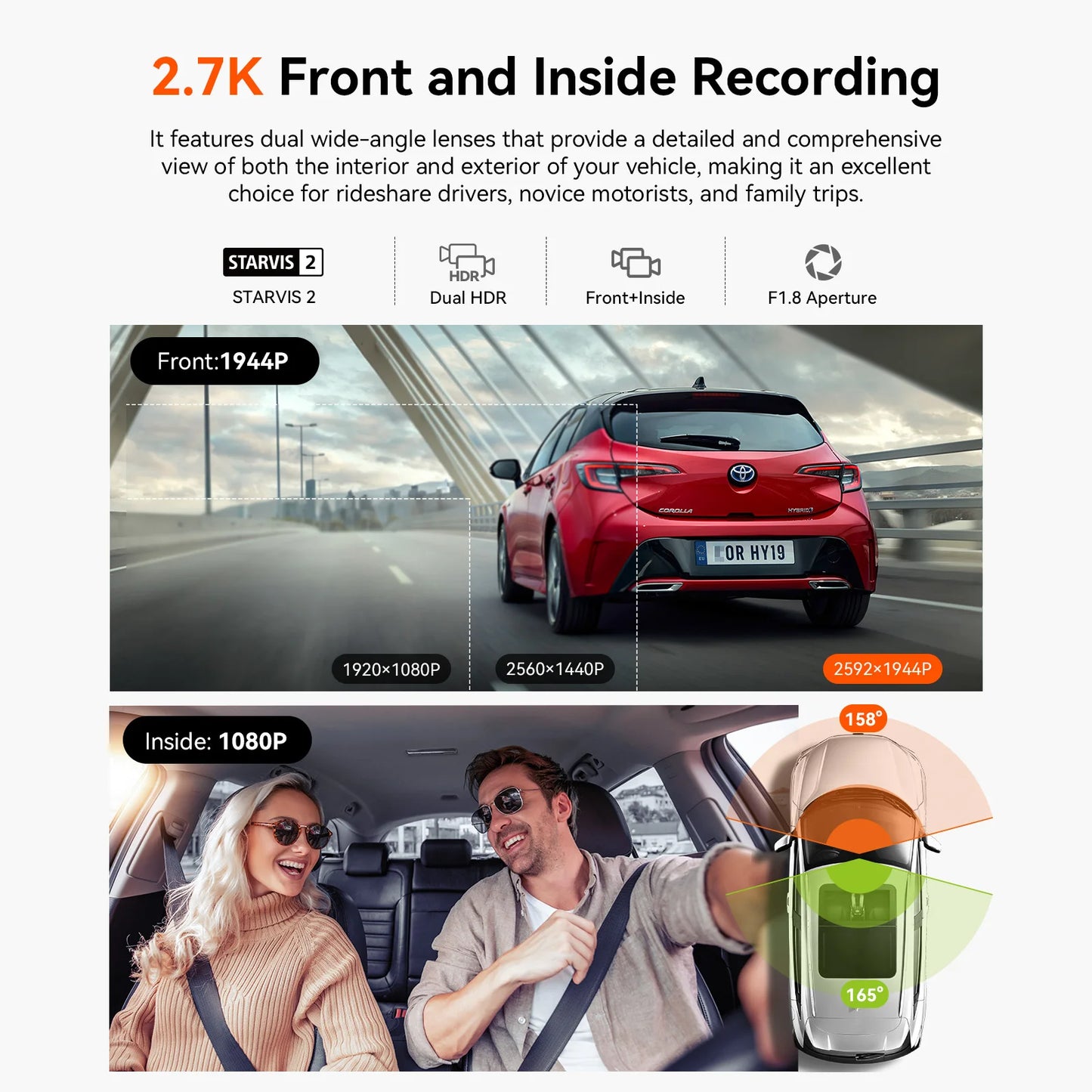 Vantrue N2X 2.7K HDR Dash Cam Front and Interior Night Vision GPS