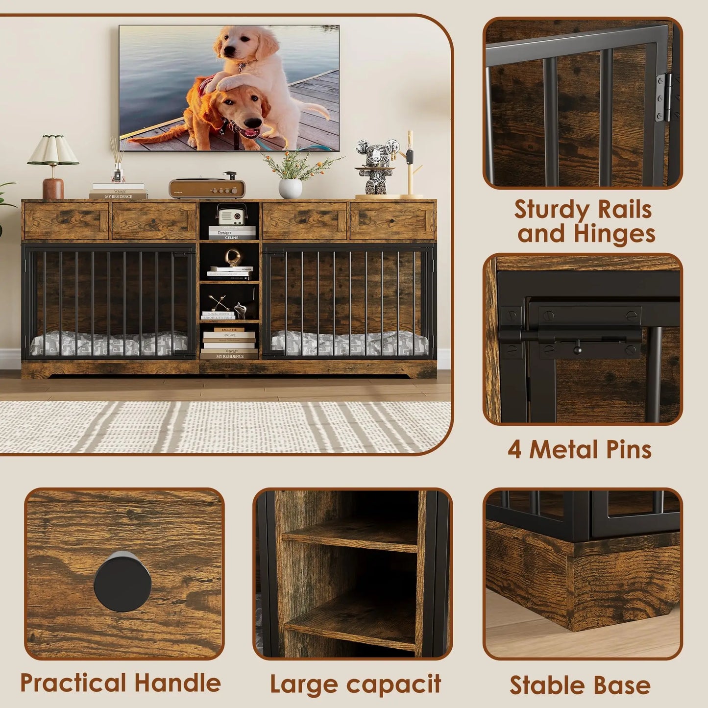HiMISS Large Double Dog Crate Furniture TV Stand With Drawers