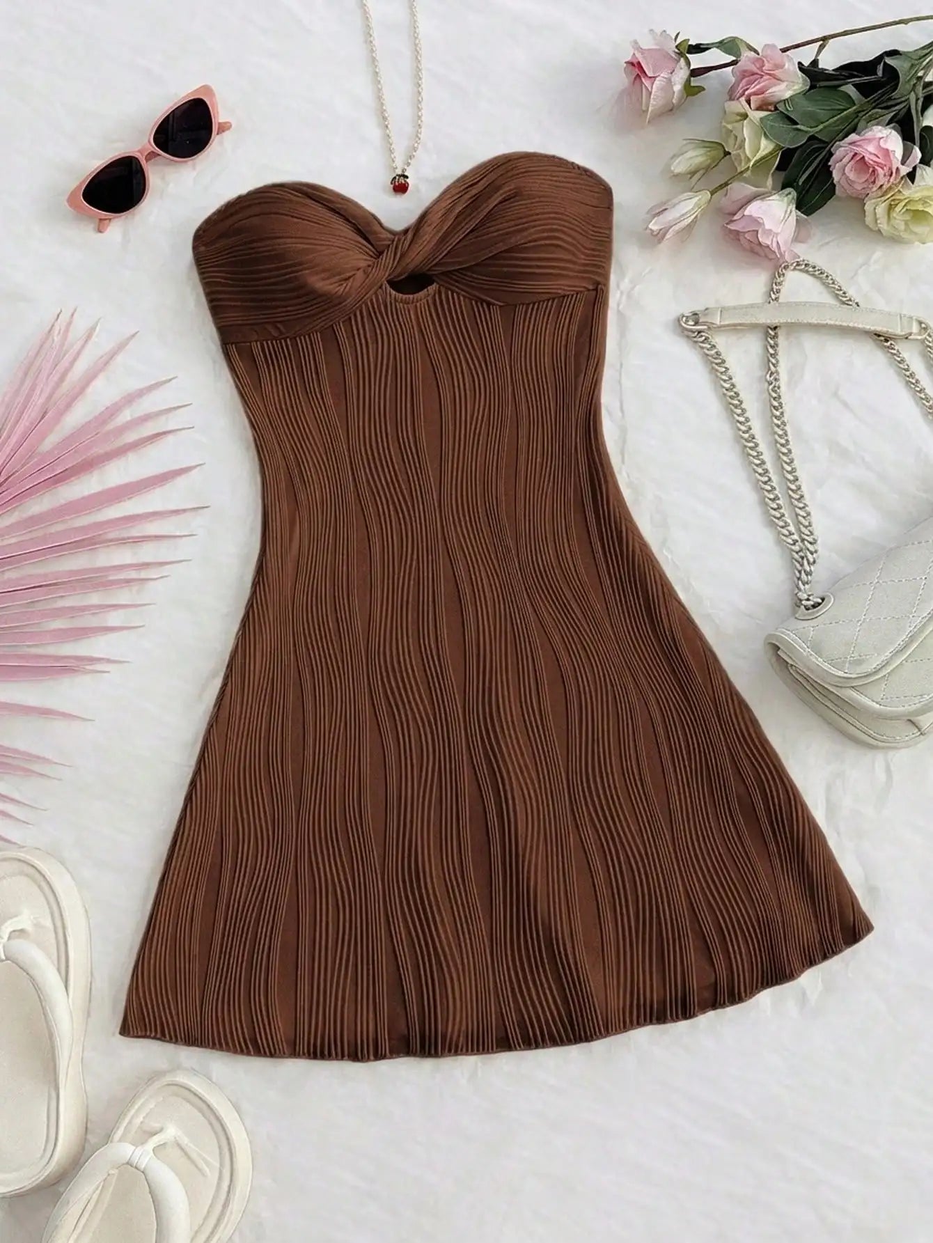 Pleated Elegant Strapless Twist Knot A-Line Mini Dress
