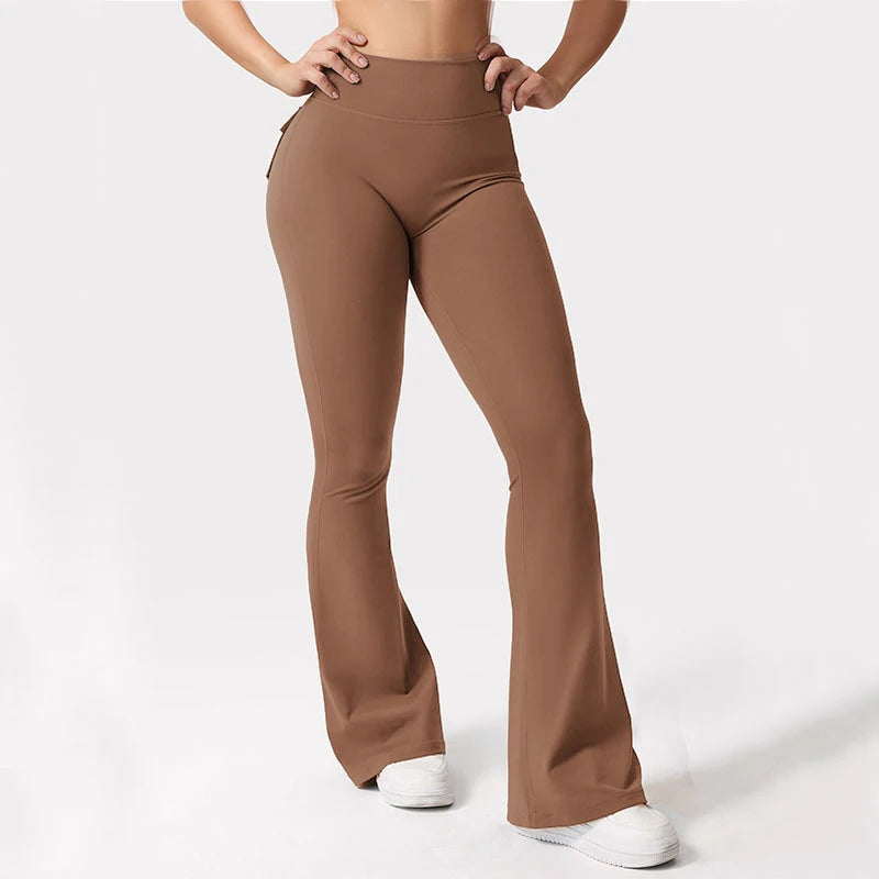 Womens Yoga Flare Trousers High Waist Tummy Control Pockets