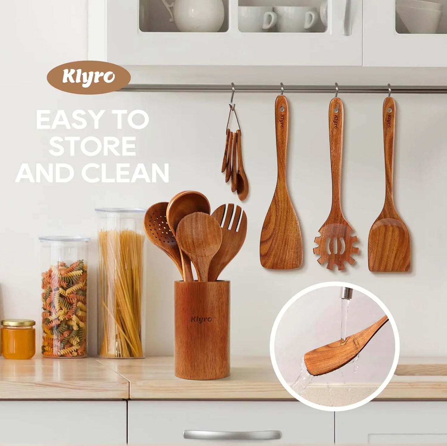 Teak Wooden Kitchen Utensils Set With Spatula And Measuring Spoons