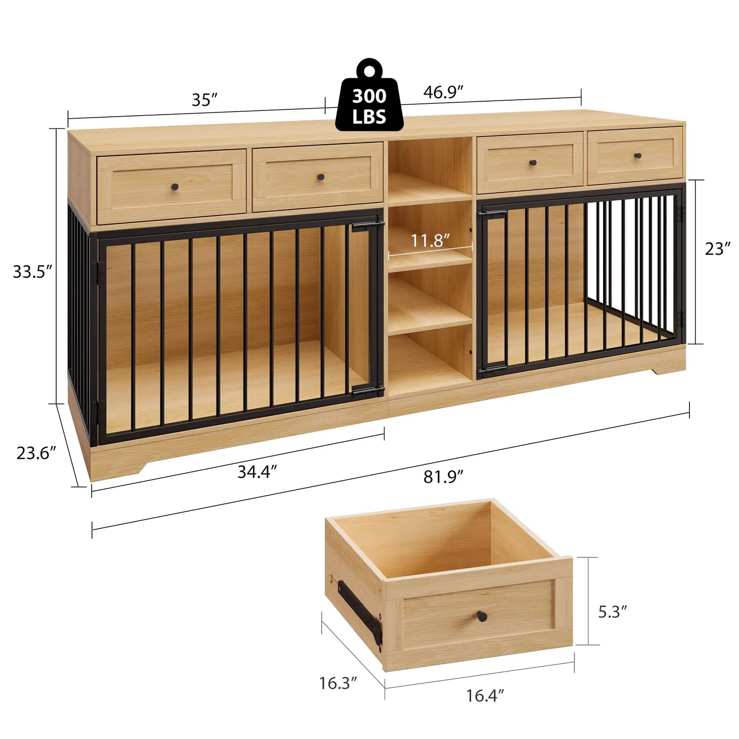 HiMISS Large Double Dog Crate Furniture TV Stand With Drawers