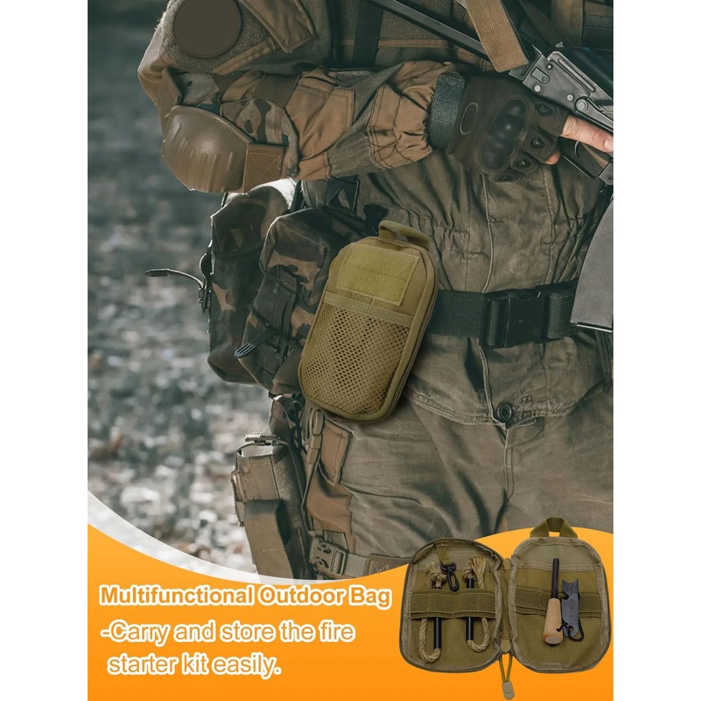Survival Fire Starter Kit With Magnesium Rod Hemp Rope Bag