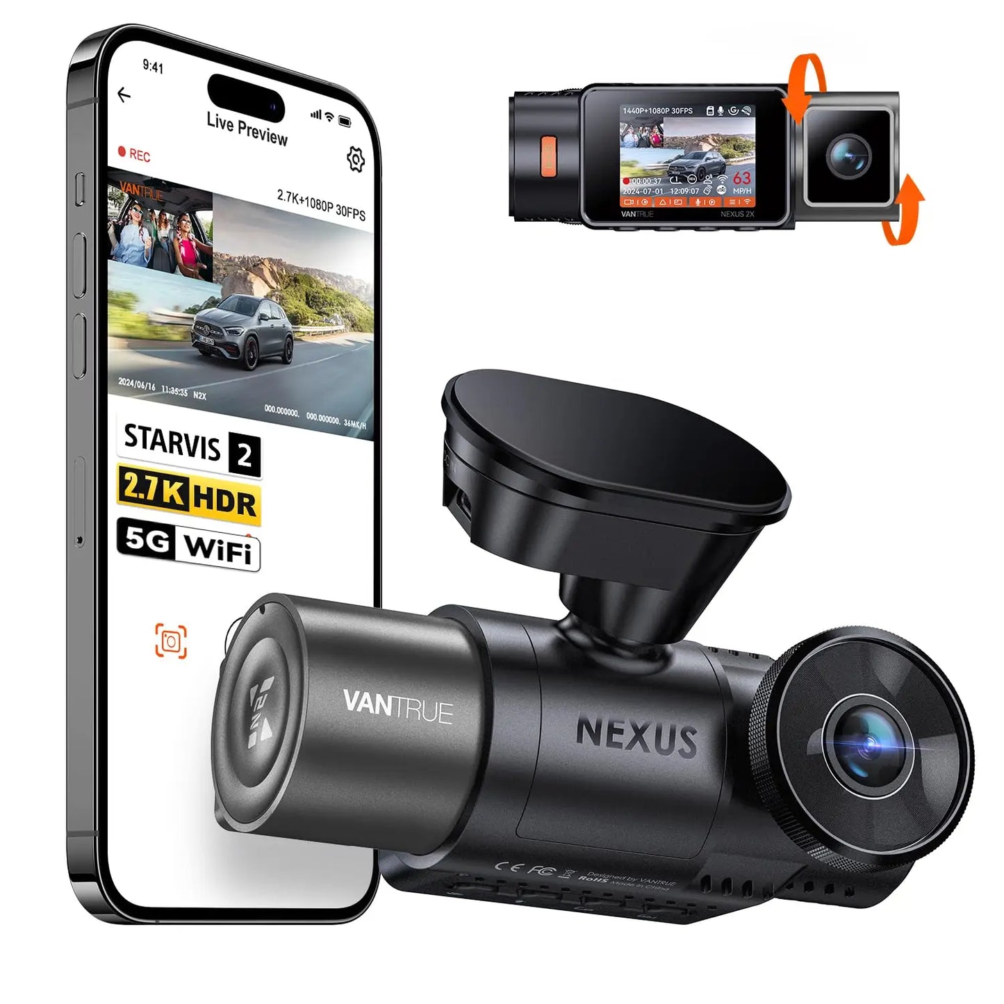 Vantrue N2X 2.7K HDR Dash Cam Front and Interior Night Vision GPS