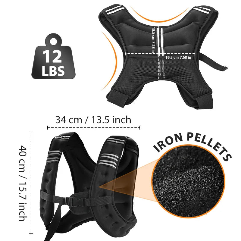 12lb Reflective Stripe Weight Vest For Workout Running Fitness Training