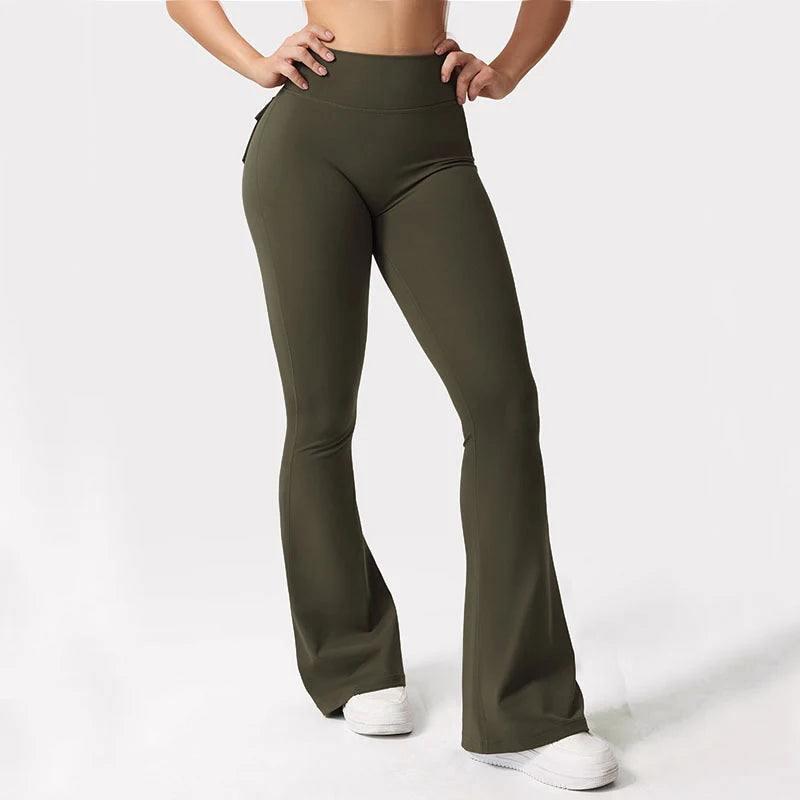 Womens Yoga Flare Trousers High Waist Tummy Control Pockets