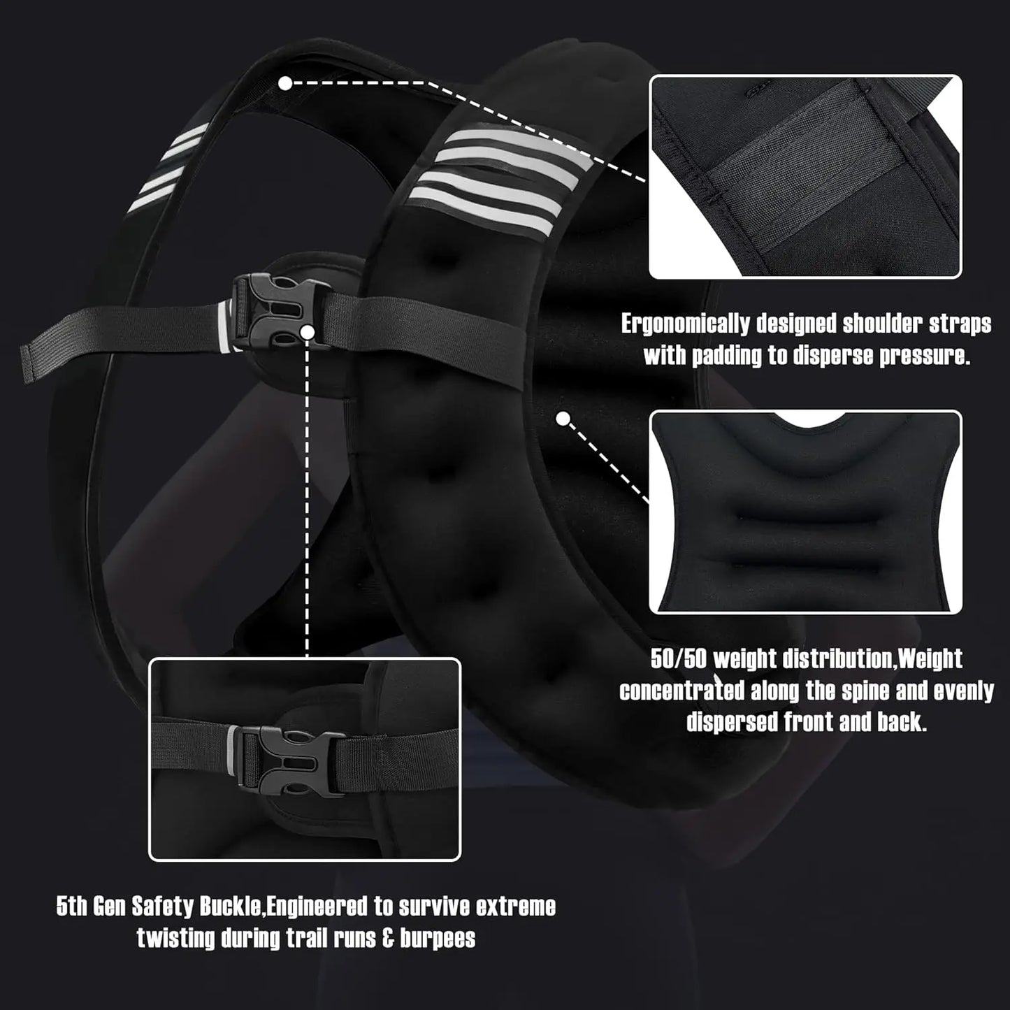 12lb Reflective Stripe Weight Vest For Workout Running Fitness Training