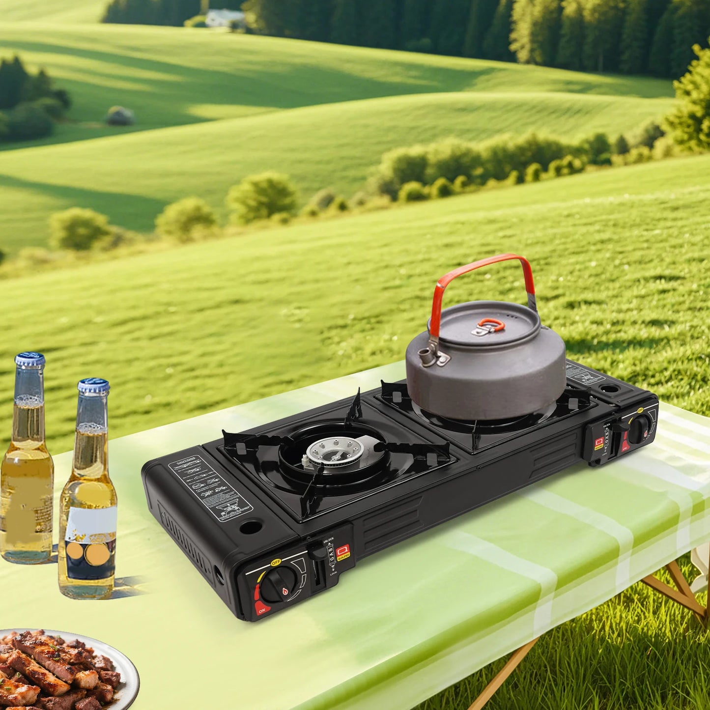 Portable Camping Stove 2500W Two Burner With Grill Tray Case