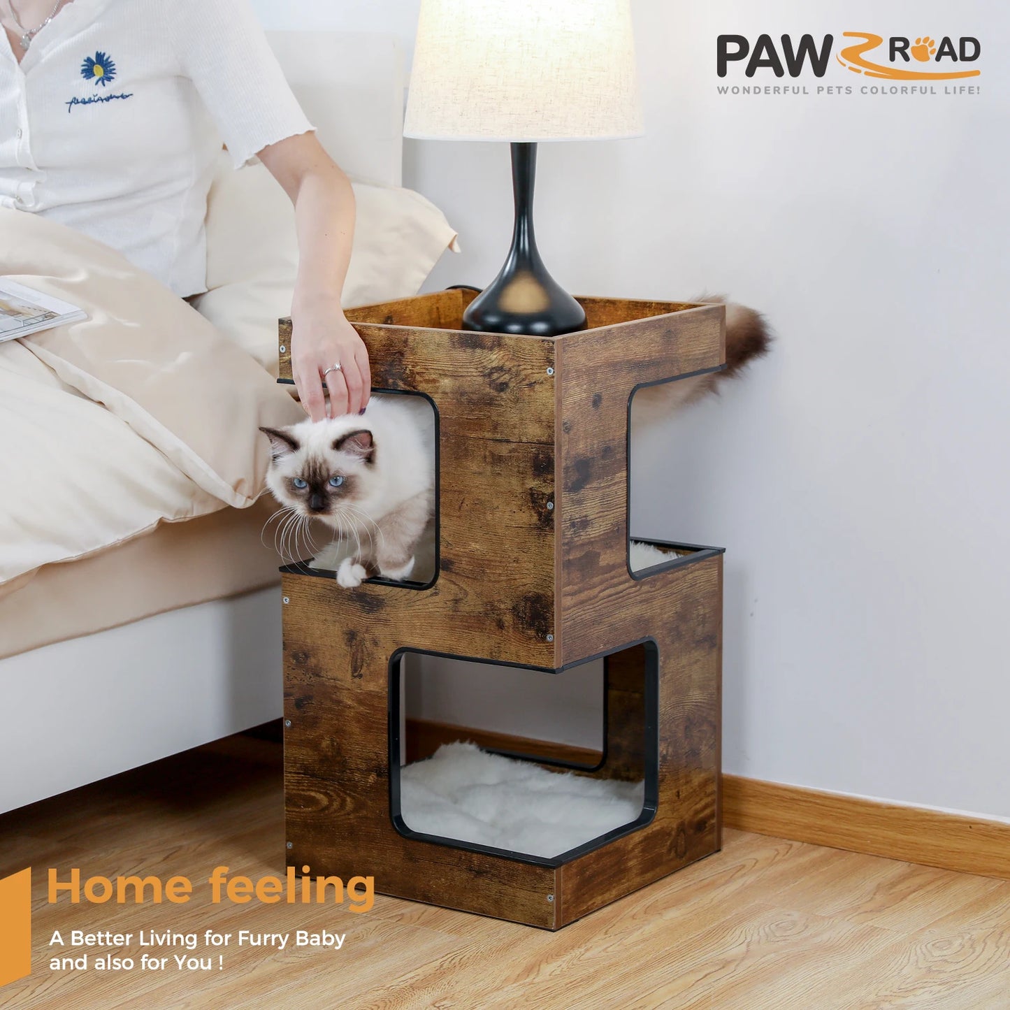 PAWZ Road Wood Cat Condo Bed With Removable Mats Scratcher