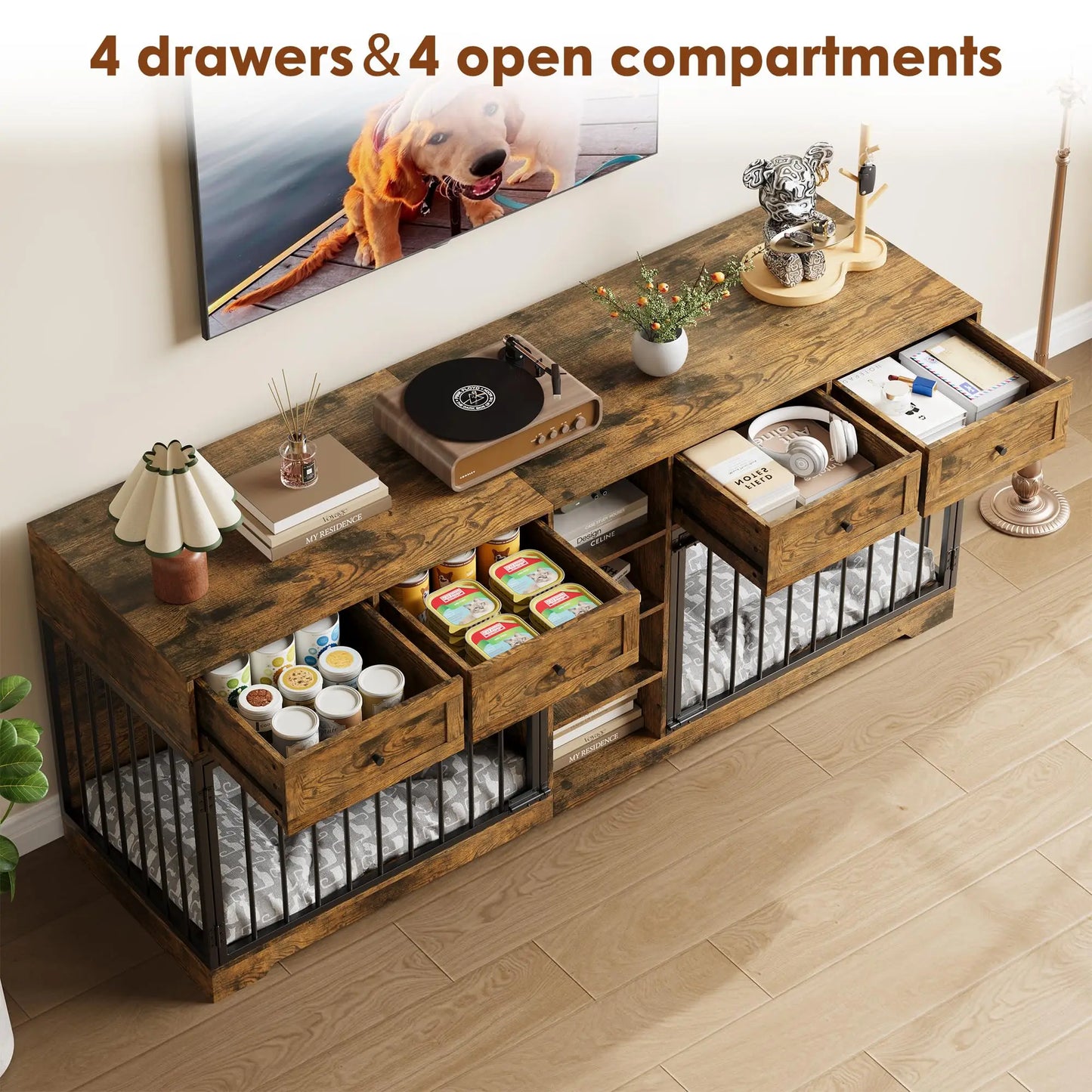 HiMISS Large Double Dog Crate Furniture TV Stand With Drawers