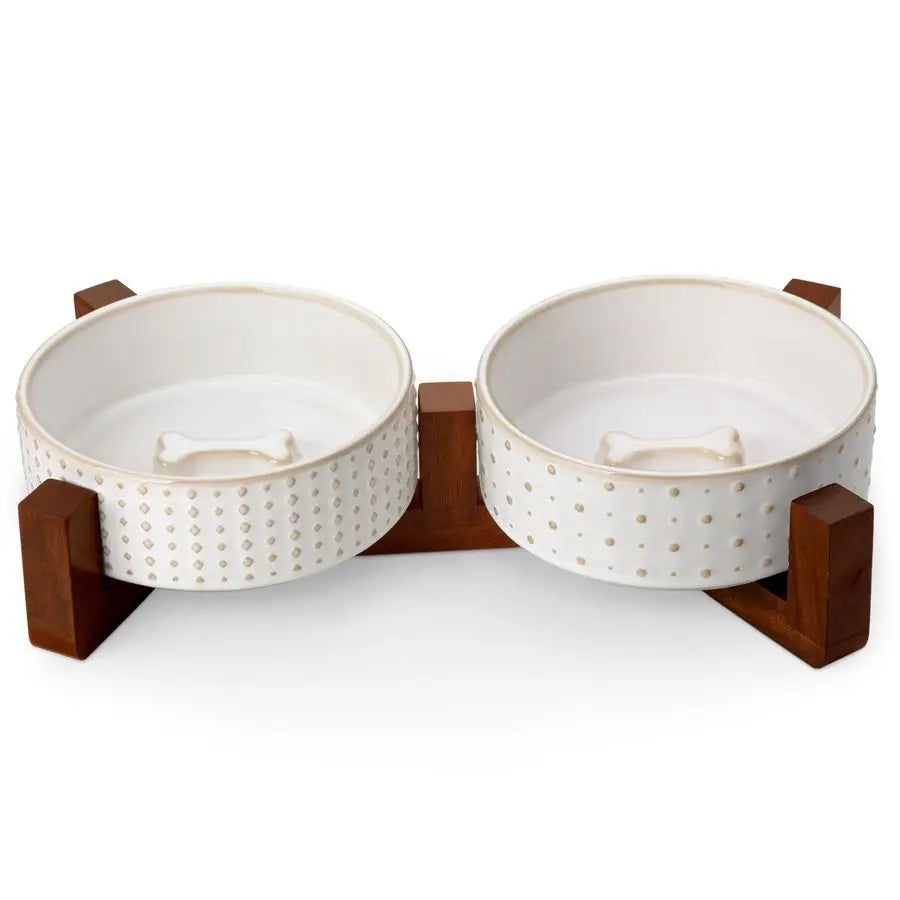 Durable Walnut Wood Dog Bowl Set With Dual Bowls On Stand