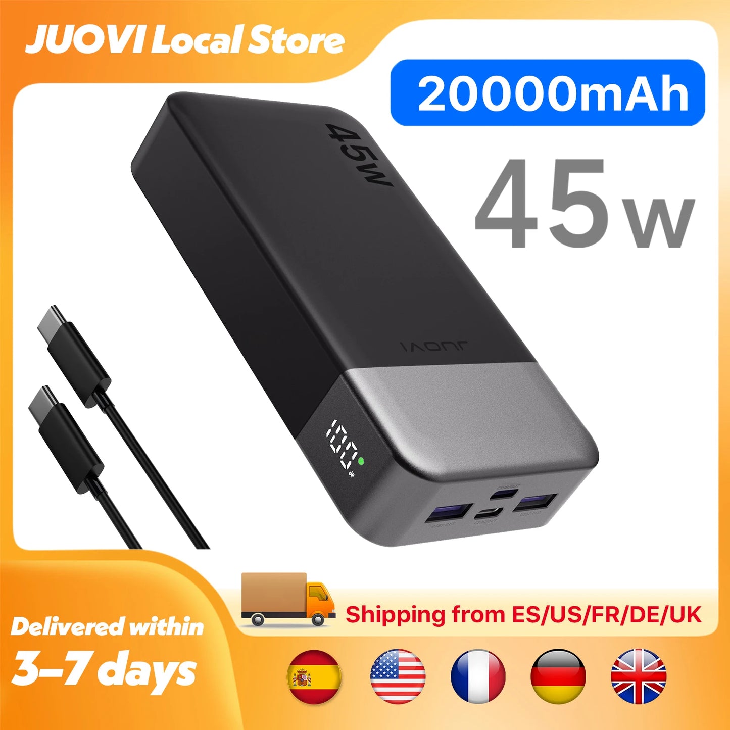 JUOVI 20000mAh 45W Fast Charging Power Bank With LED Display