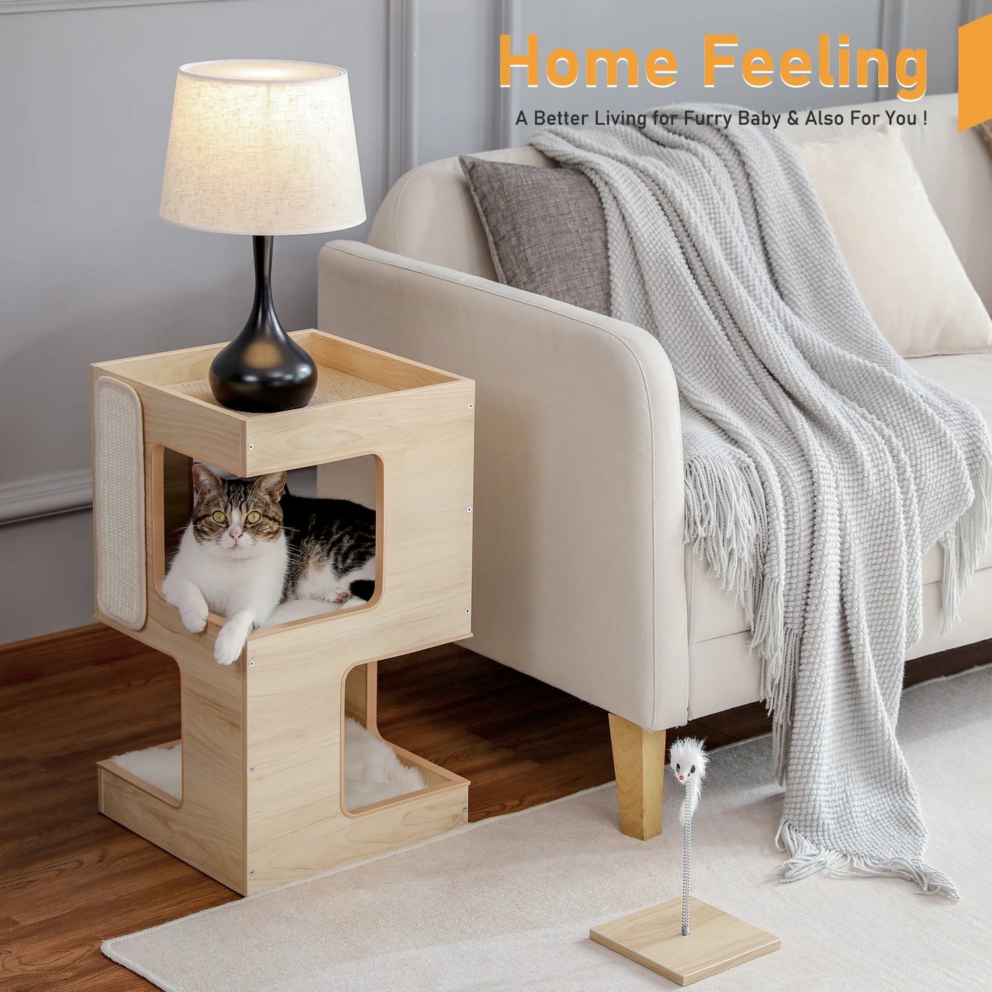 PAWZ Road Wood Cat Condo Bed With Removable Mats Scratcher