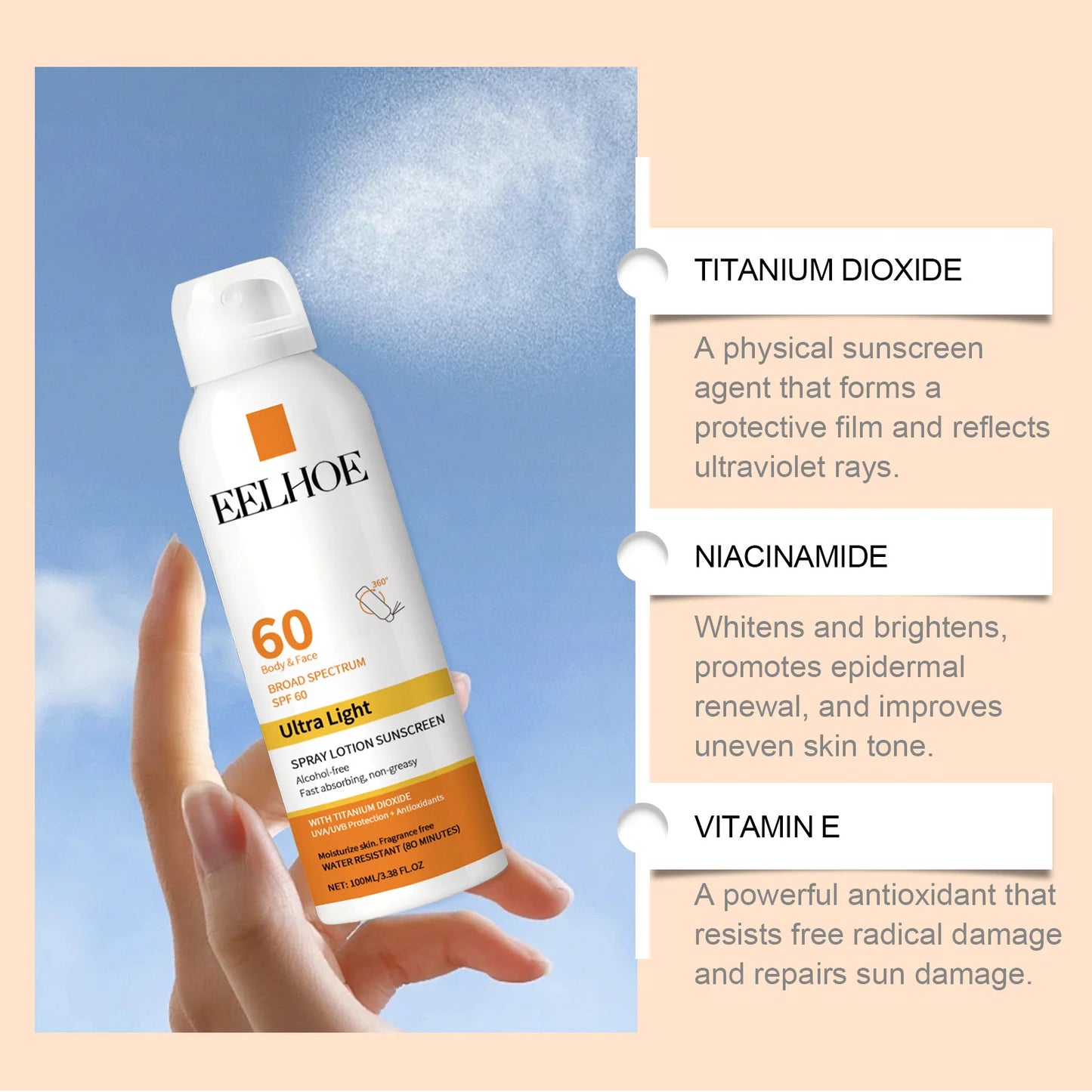 Eelhoe Vitamin E Sunscreen Spray Long Lasting Moisturizing Anti UV