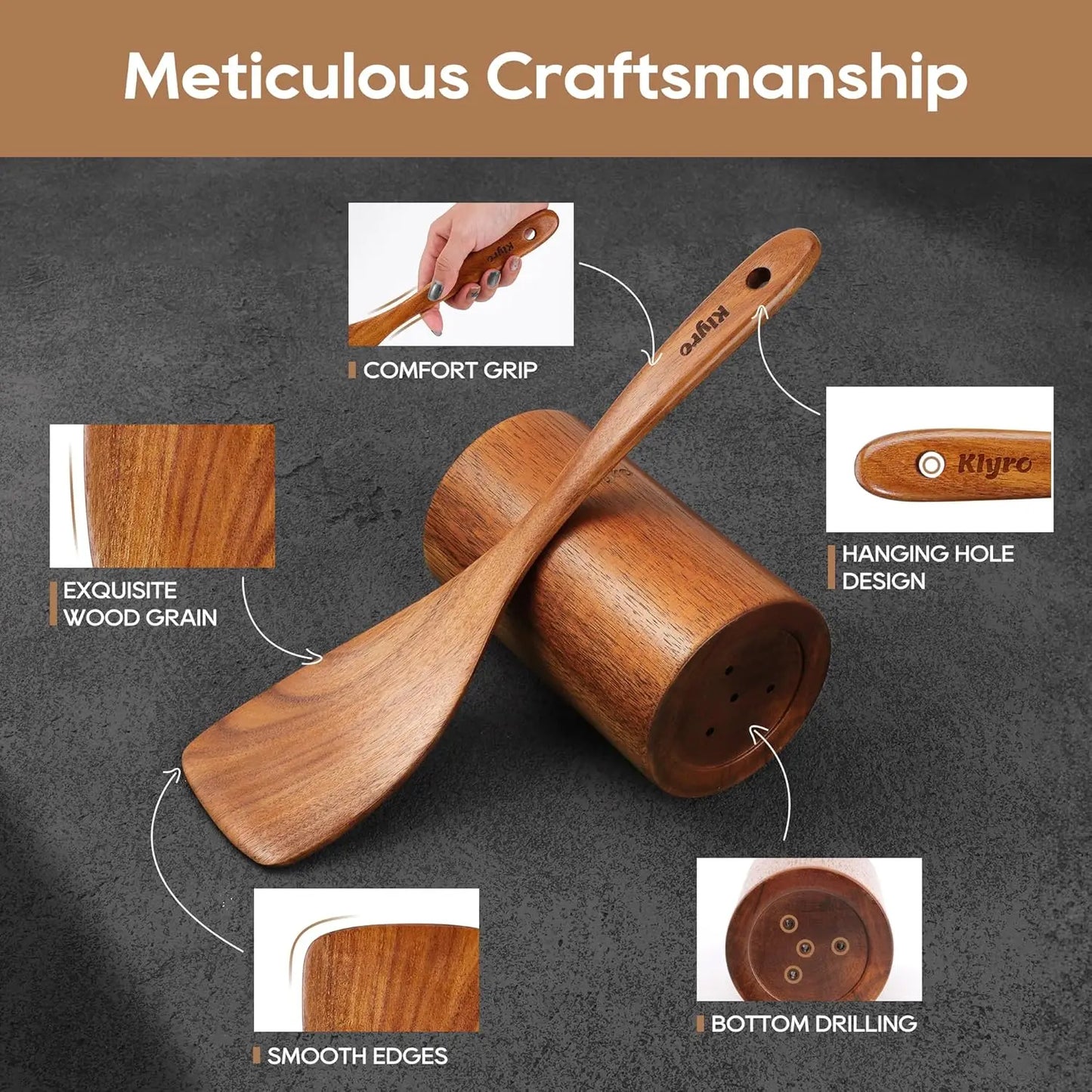 Teak Wooden Kitchen Utensils Set With Spatula And Measuring Spoons