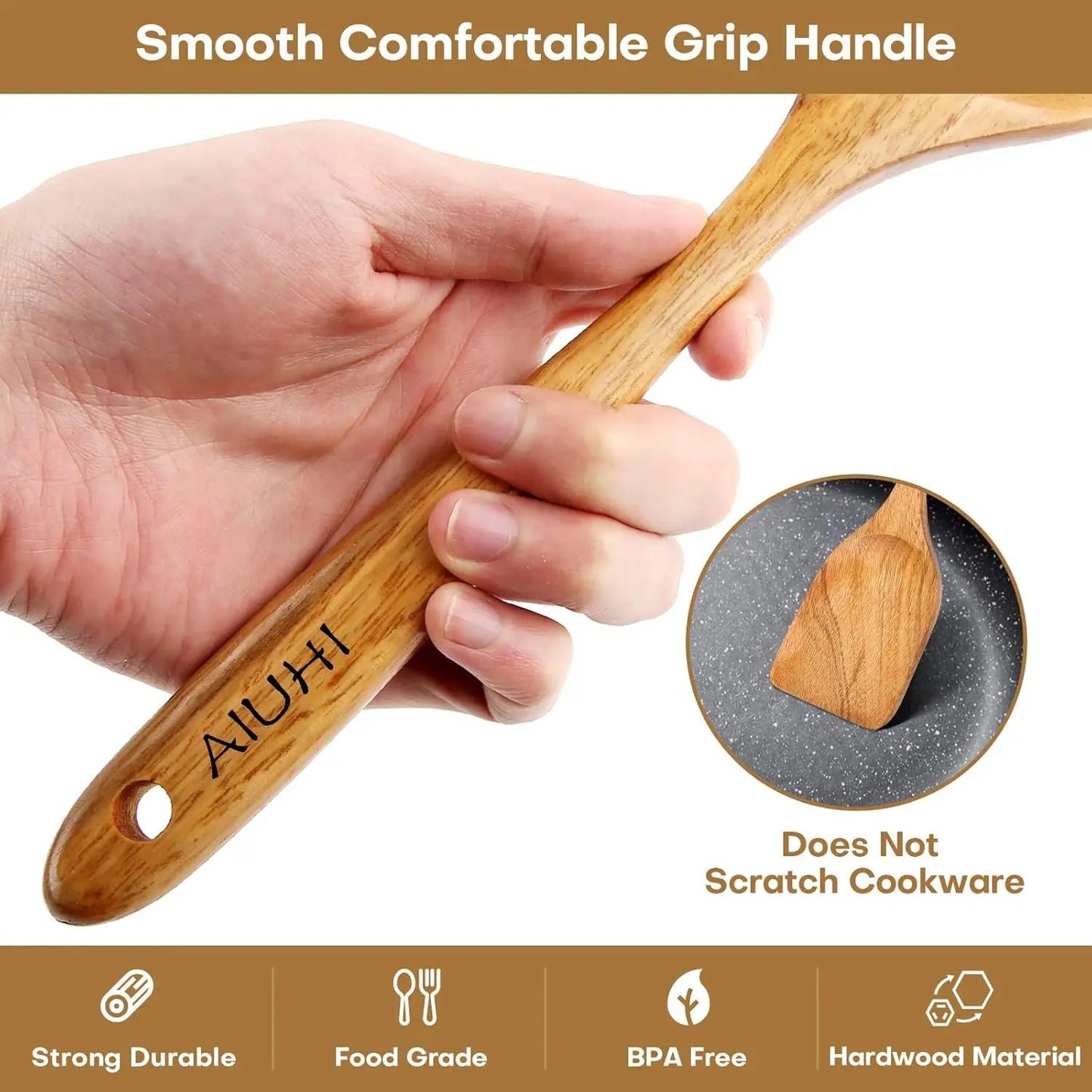 Natural Teak Wood Spoons 8 Pack Nonstick Kitchen Utensils