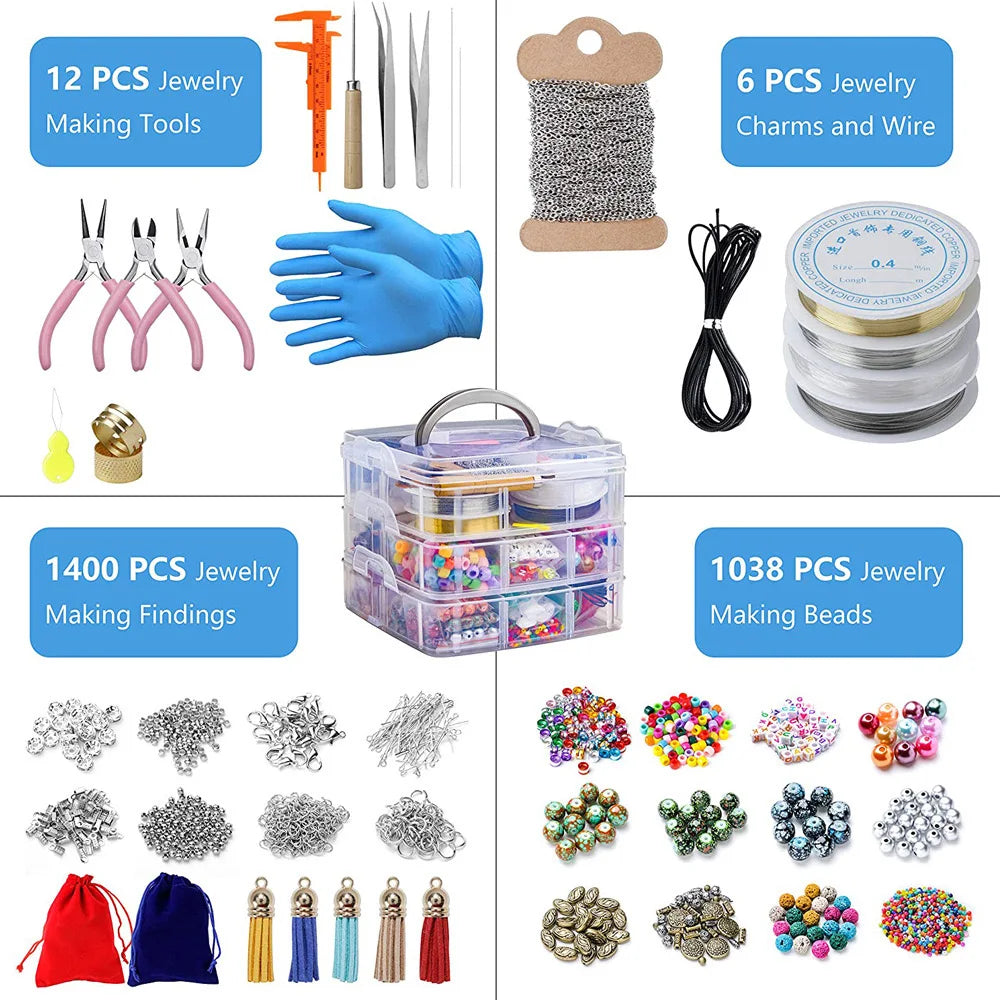 2456-Piece Deluxe Diy Bead Jewelry Making Kit With Beads And Findings