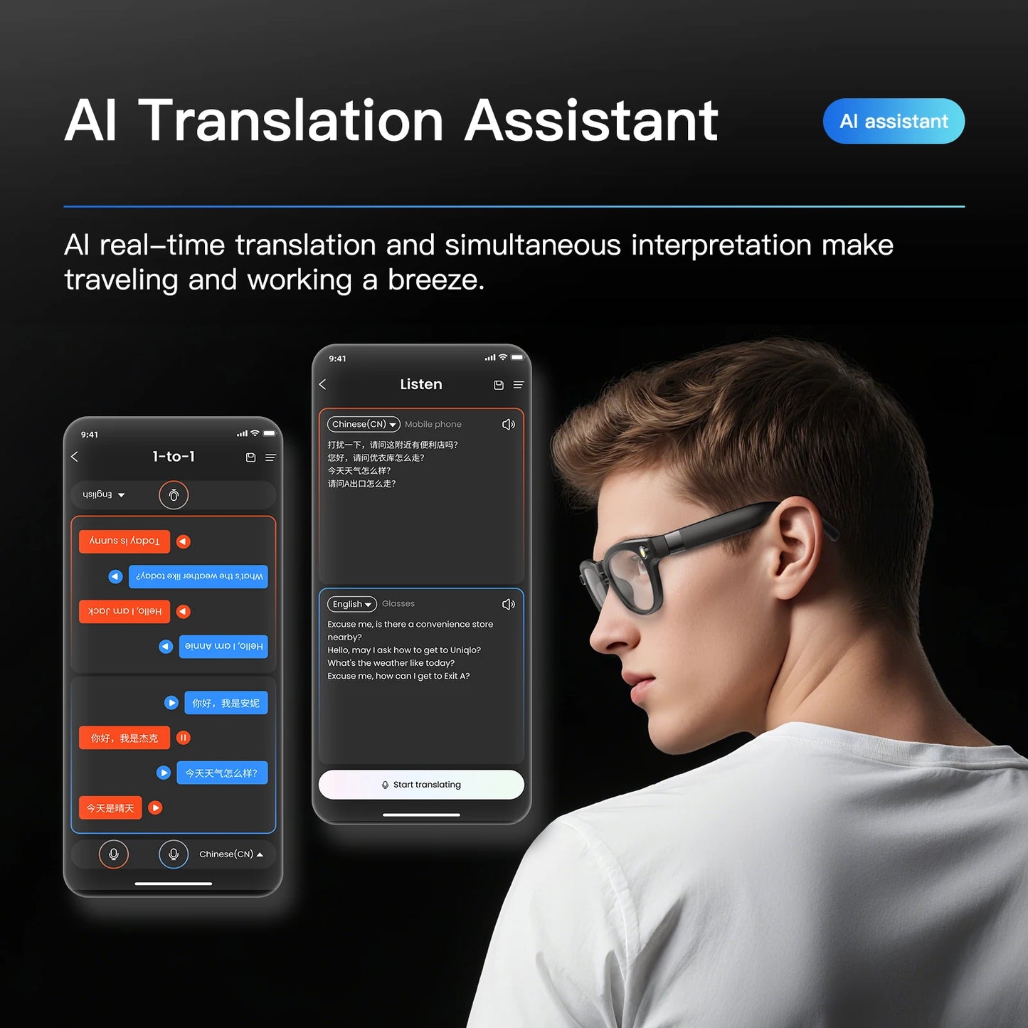EIGIIS AI Smart Glasses Bluetooth Call And AI Translation Waterproof