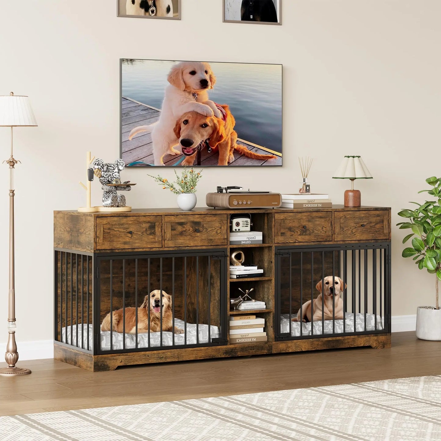HiMISS Large Double Dog Crate Furniture TV Stand With Drawers