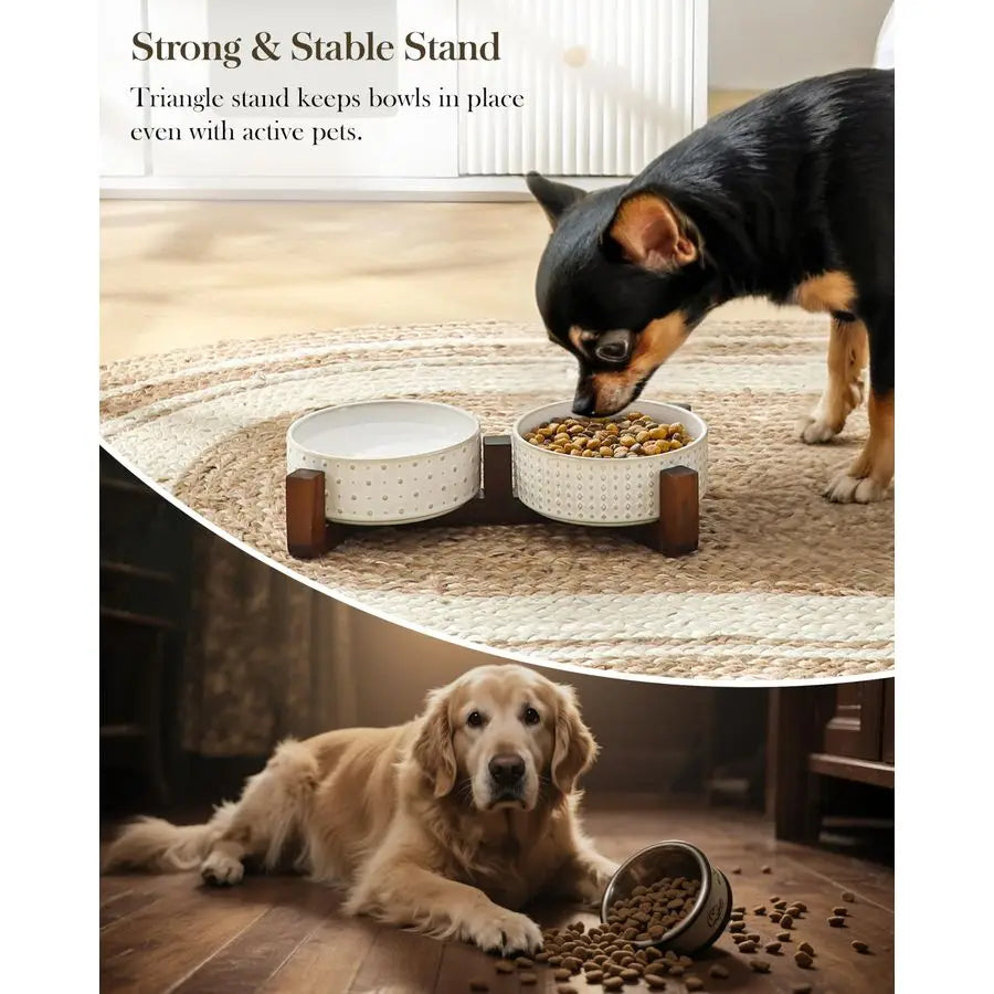 Durable Walnut Wood Dog Bowl Set With Dual Bowls On Stand